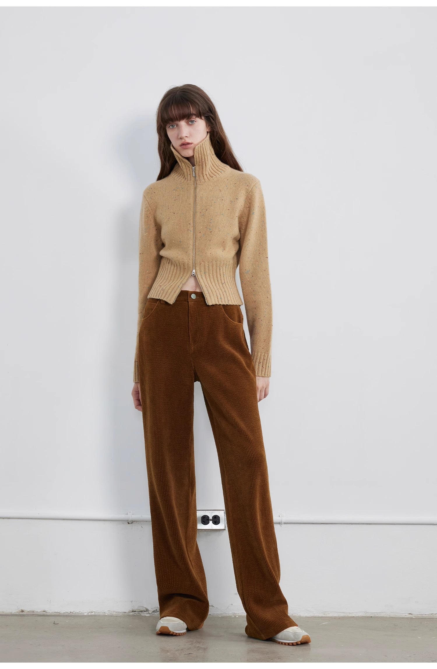 "Autumn Breeze Tea" Colorful Dotted Wool-Blend Double-Zip Knitted Sweater