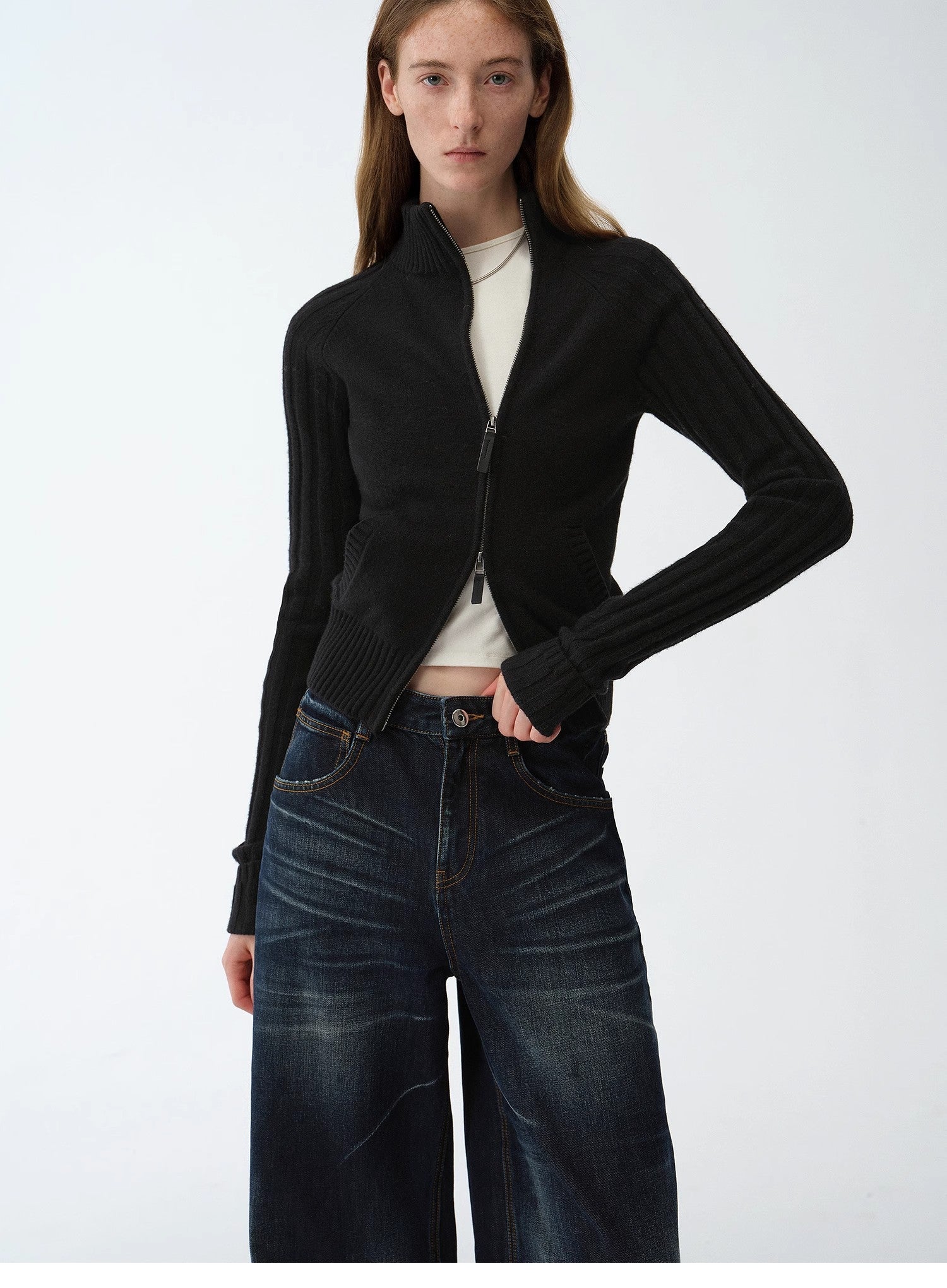 "Senna Melody" Fine Merino Wool and Cotton Blend Zipper Knitted Cardigan
