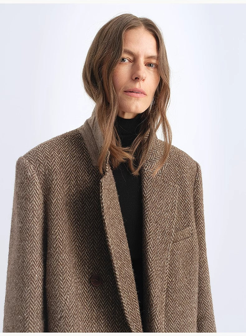 "Desert City" Italian Imported Wool Blended Herringbone Pattern Woolen Coat