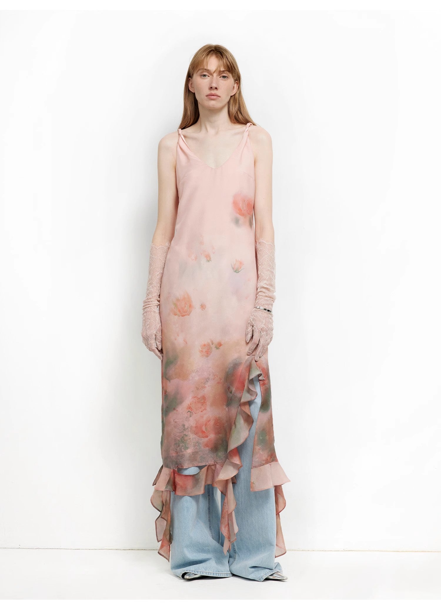 Mulberry Silk V-Neck Ruffled Draped Twist Strap Dress