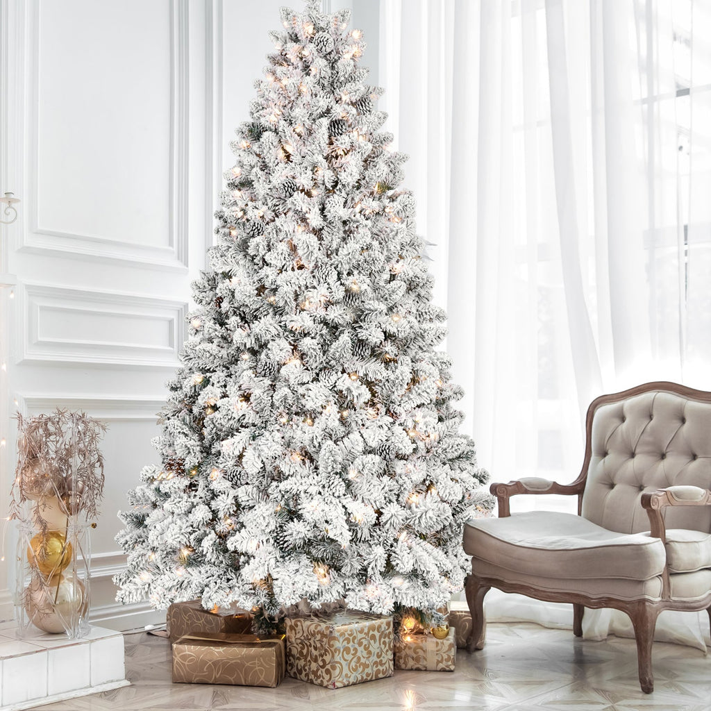 8ft Flocked Christmas Tree with 700 Warm White UL Lights & 54 Pine Cones – 1754 Snowy PVC Tips, Hinged Structure, and Metal Stand