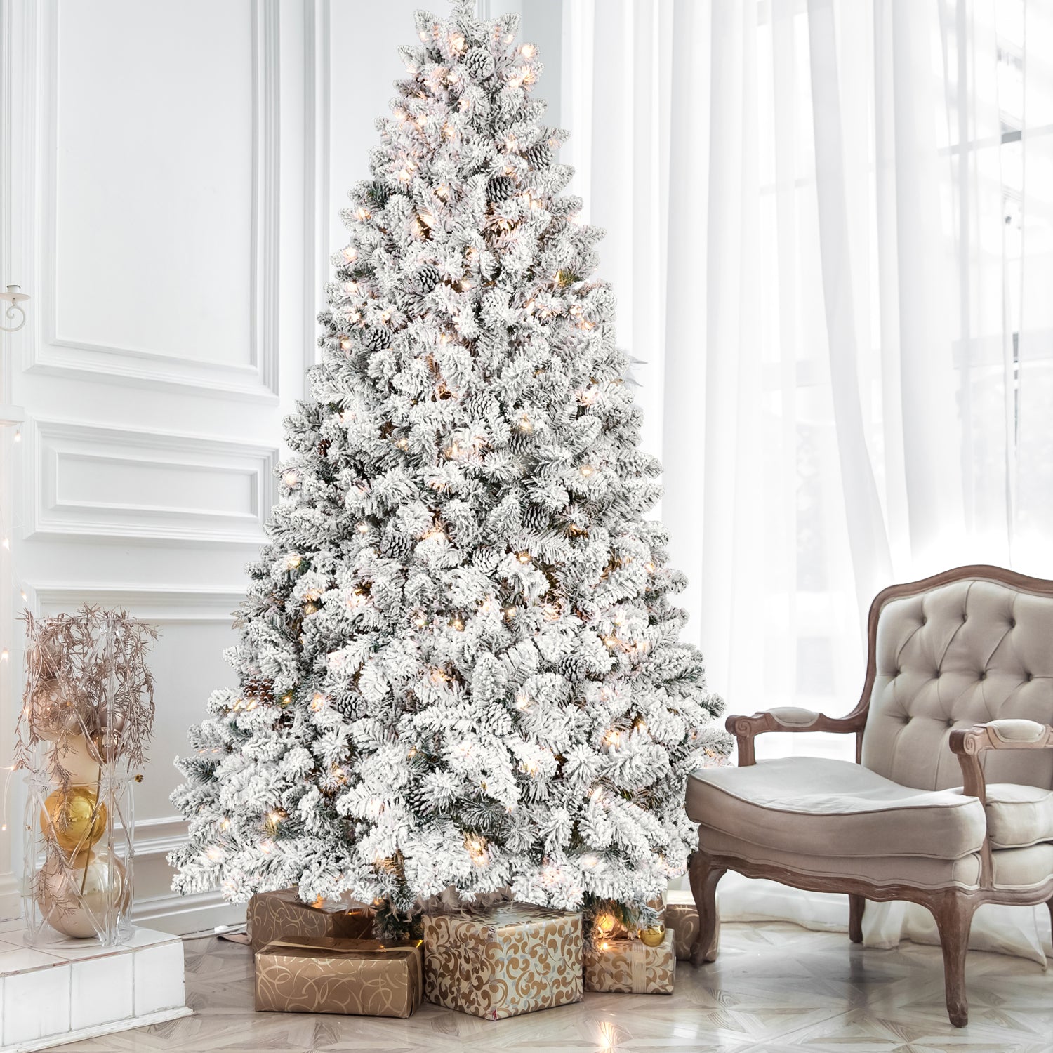8ft Flocked Christmas Tree with 700 Warm White UL Lights & 54 Pine Cones – 1754 Snowy PVC Tips, Hinged Structure, and Metal Stand