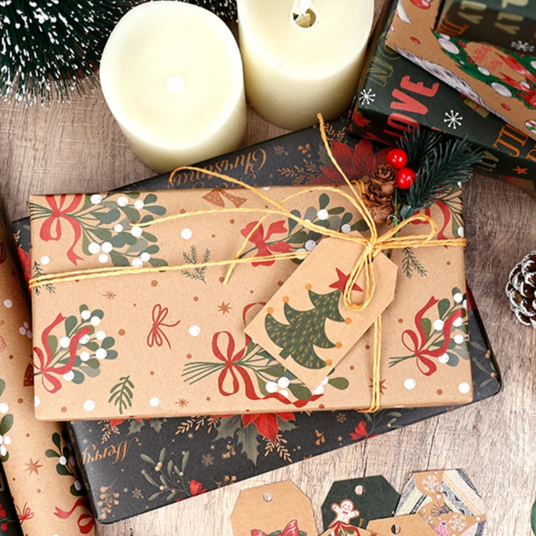 16 Different Assorted Styles Holiday Christmas Wrapping Paper Roll – Vintage Kraft Paper with Santa, Snowflake & Reindeer Designs, Gift Wrap for Kids & Adults