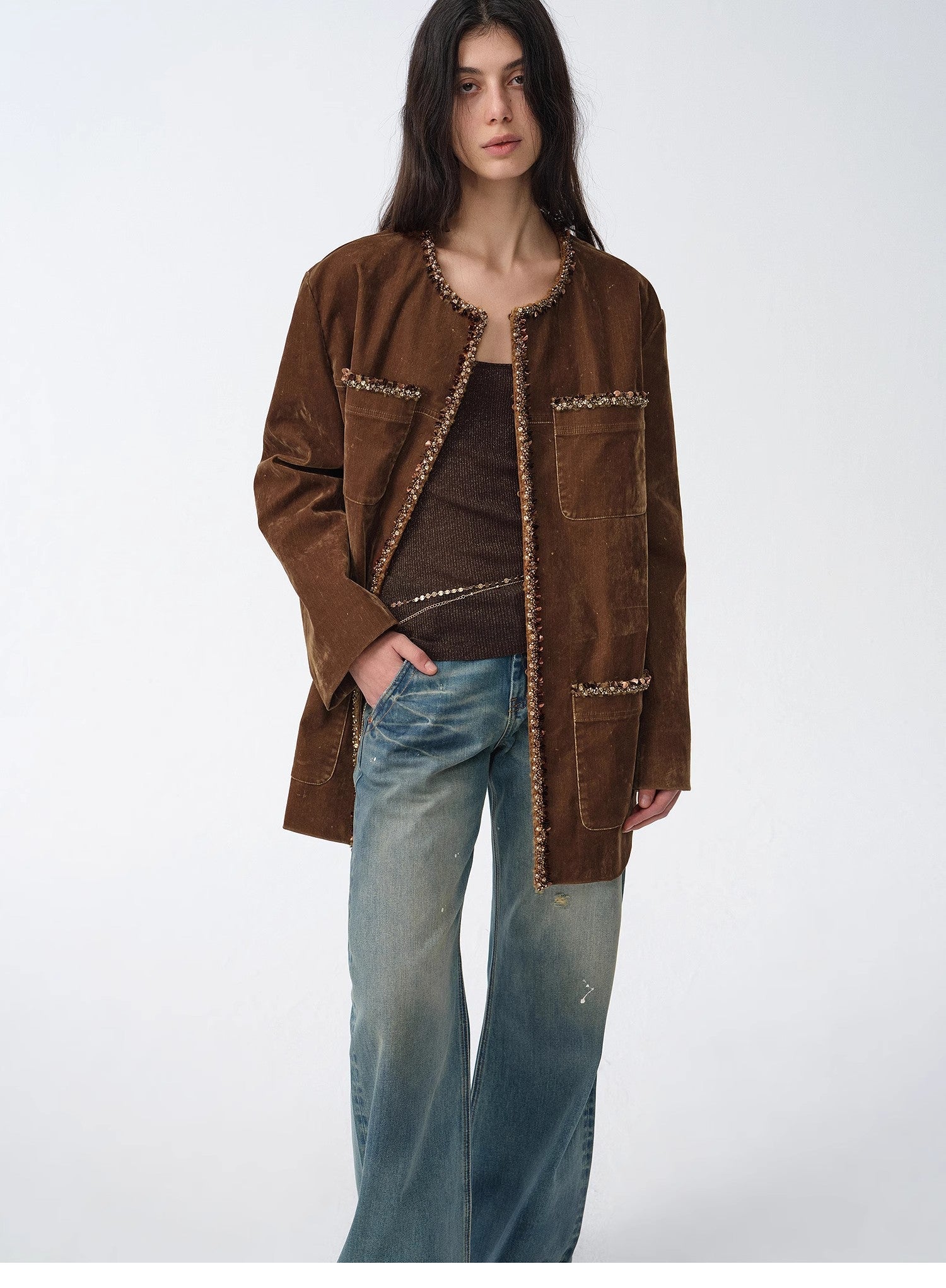 "Fragrant Encounter" Distressed Flocked Denim Jacket
