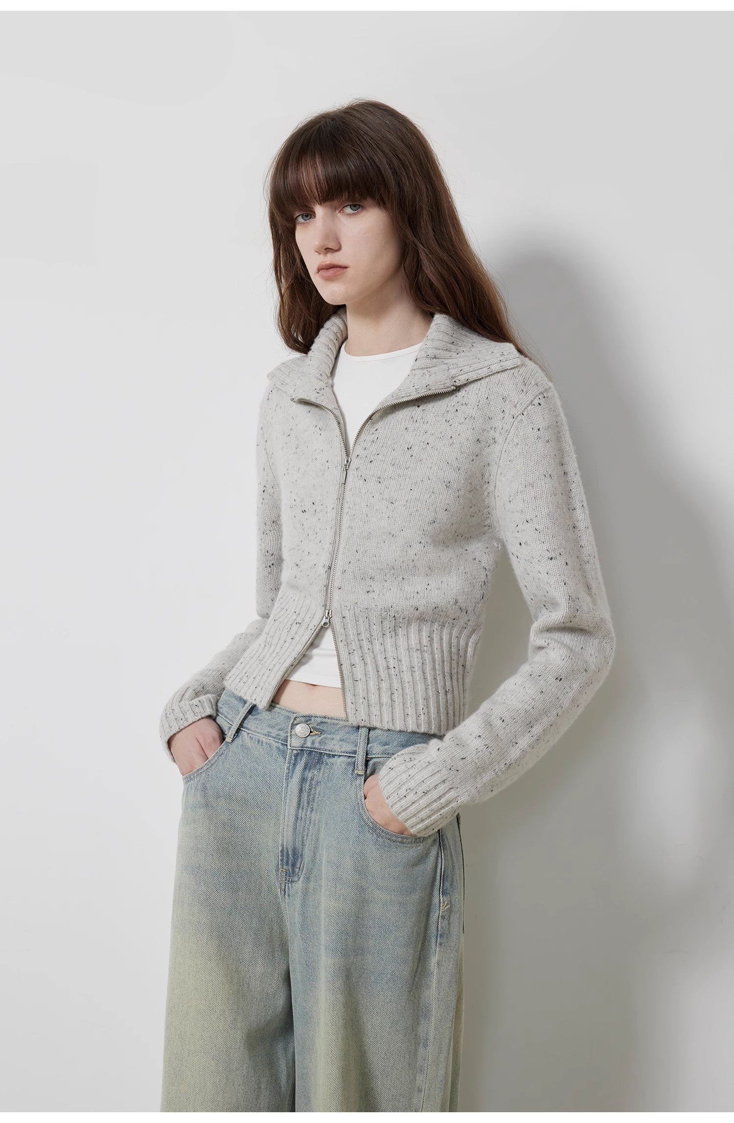 "Autumn Breeze Tea" Colorful Dotted Wool-Blend Double-Zip Knitted Sweater