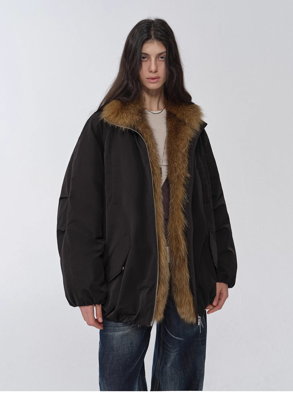 "Warm Dialogue" Two-Tone Fox Fur Collar Detachable Mid-Length Down Parka