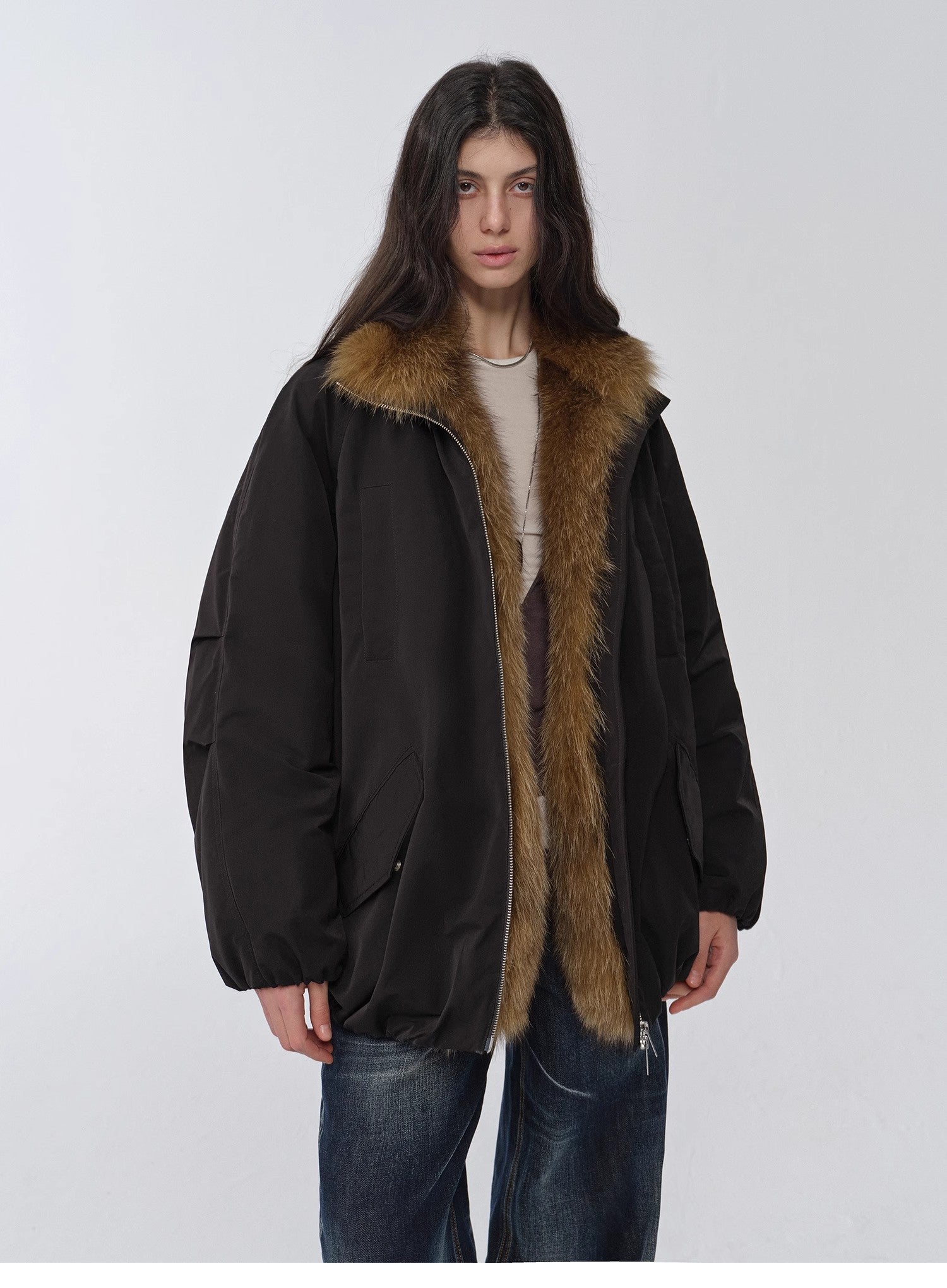 "Warm Dialogue" Two-Tone Fox Fur Collar Detachable Mid-Length Down Parka