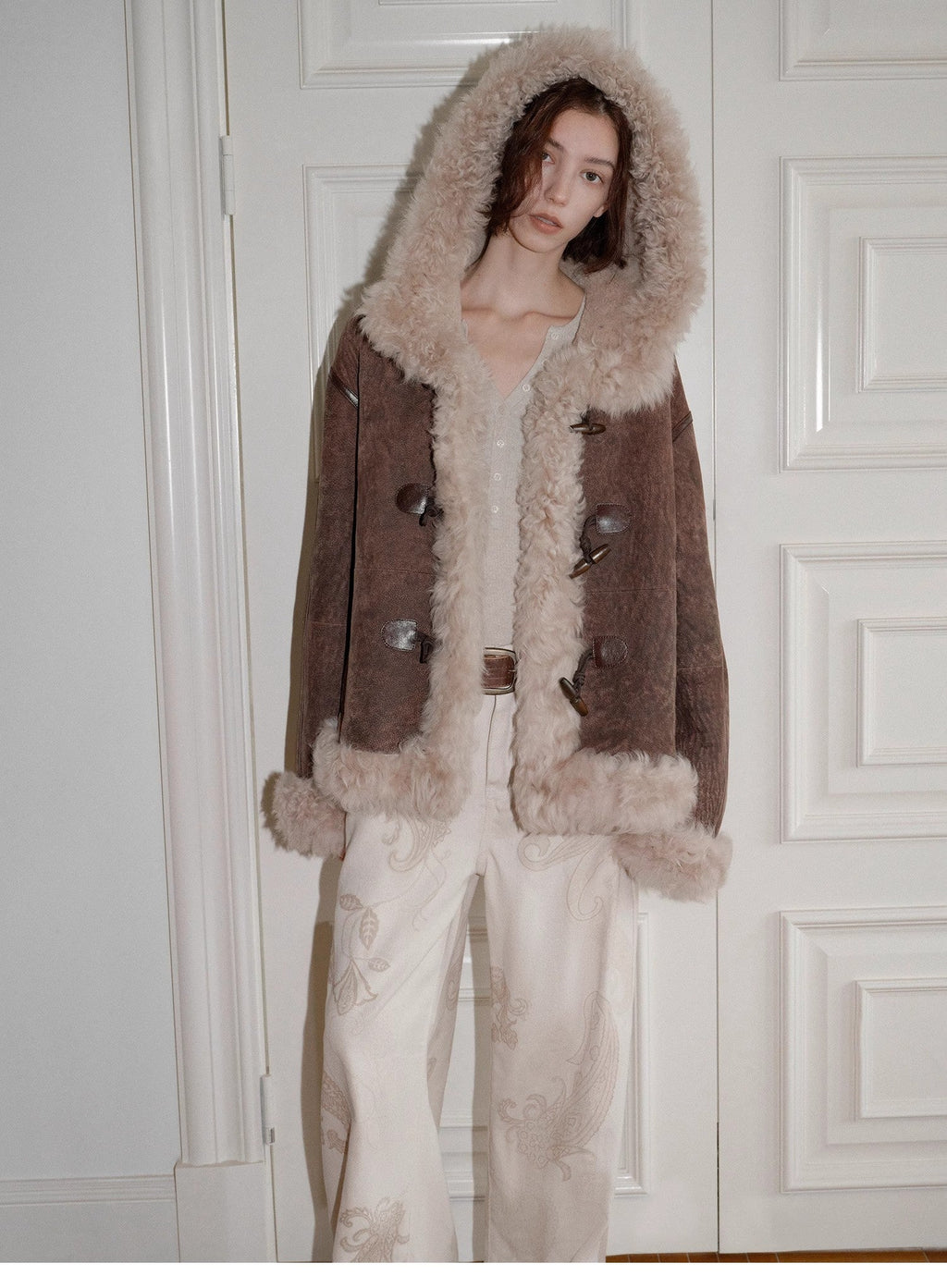 "Modern Weekend" Drop Shoulder Hooded Merino Wool Sheepskin Fur Coat Winter