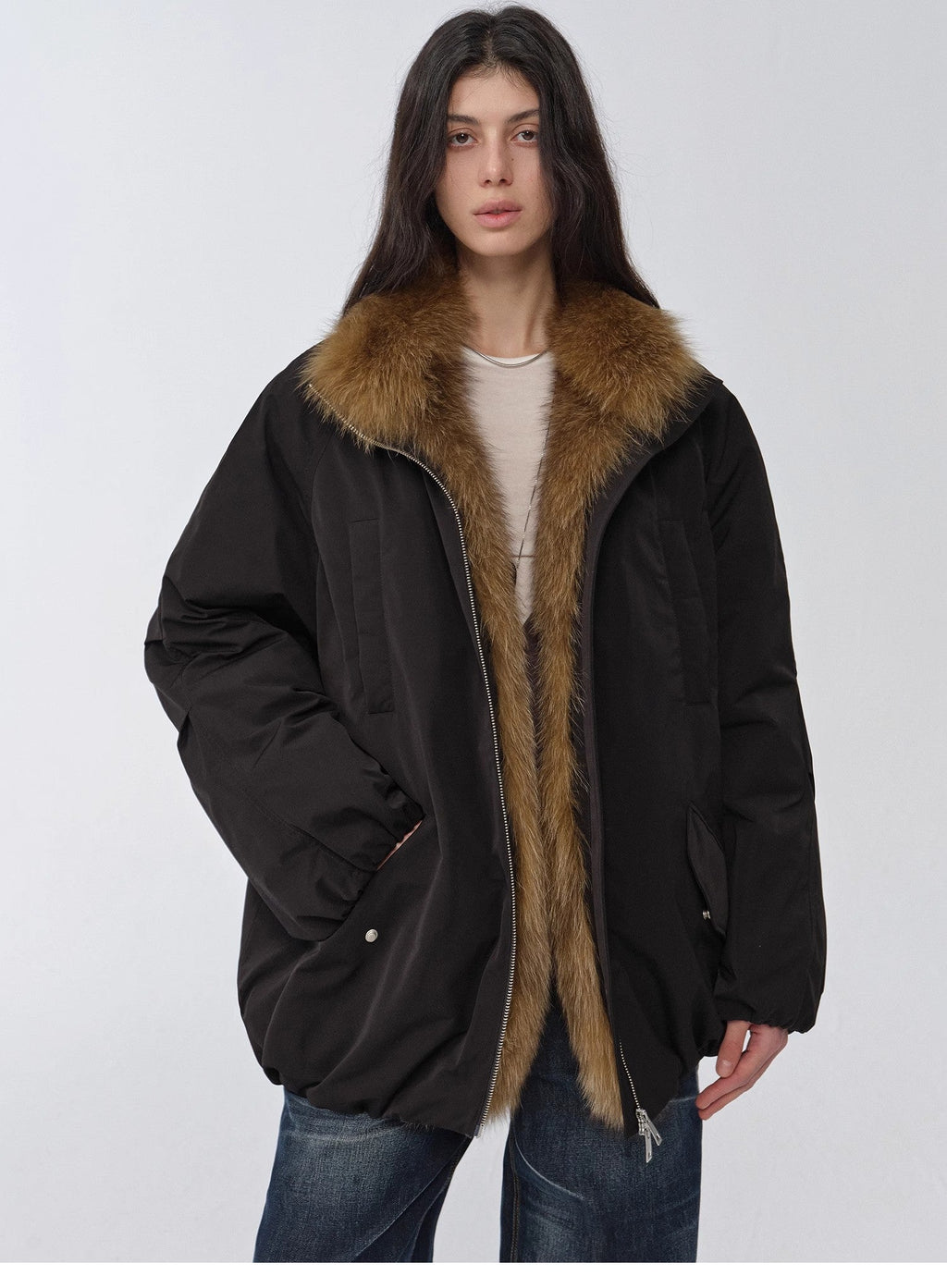 "Warm Dialogue" Two-Tone Fox Fur Collar Detachable Mid-Length Down Parka