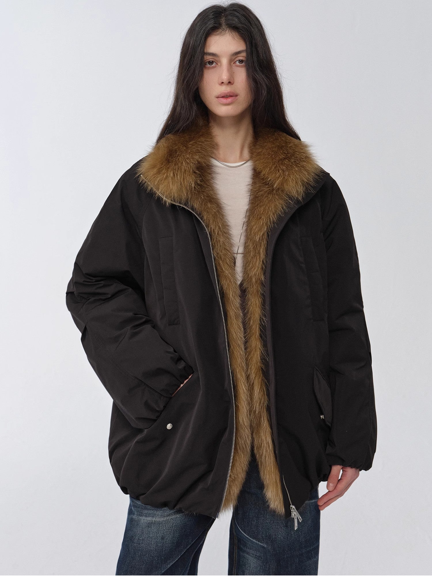 "Warm Dialogue" Two-Tone Fox Fur Collar Detachable Mid-Length Down Parka