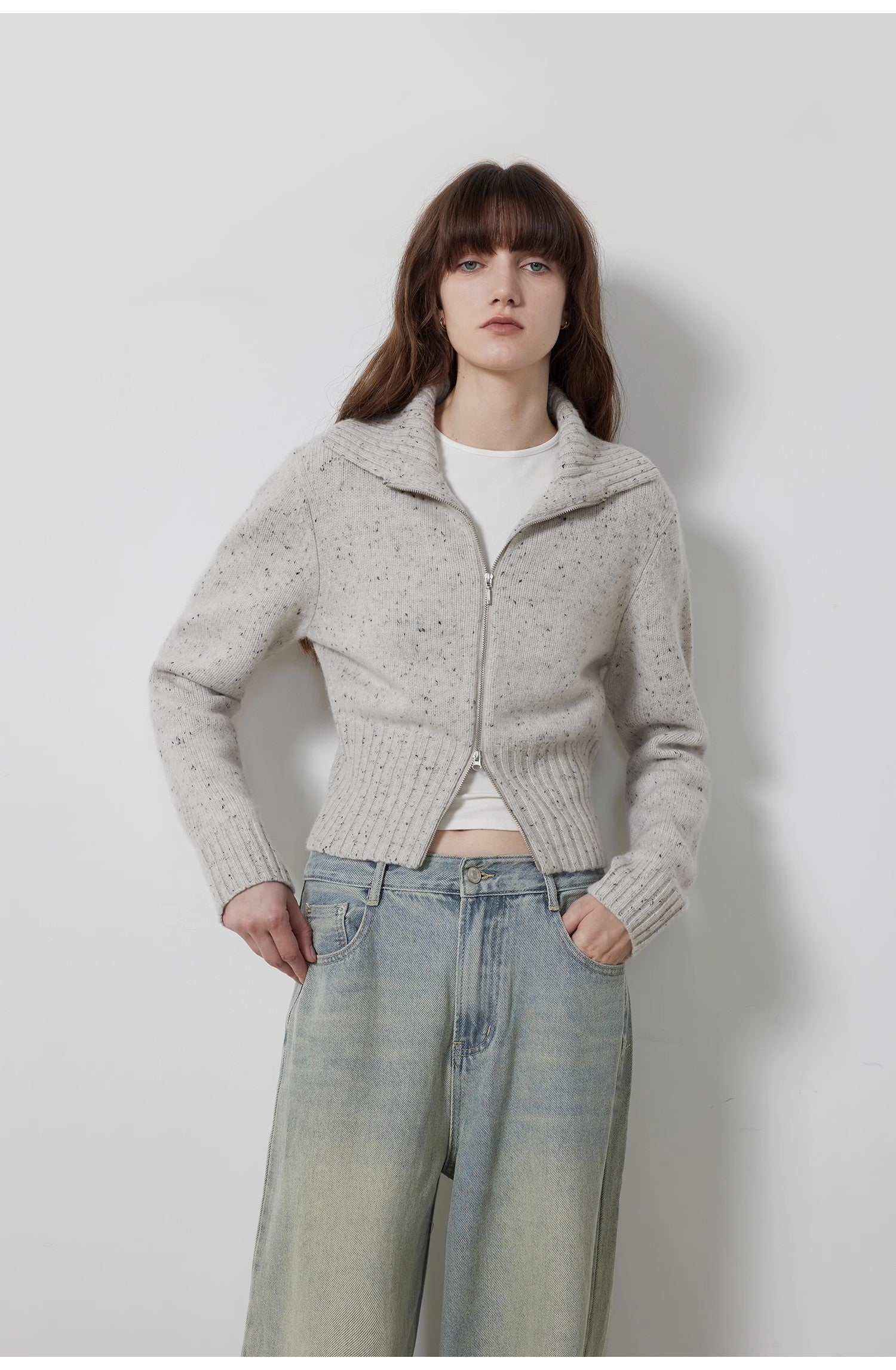 "Autumn Breeze Tea" Colorful Dotted Wool-Blend Double-Zip Knitted Sweater