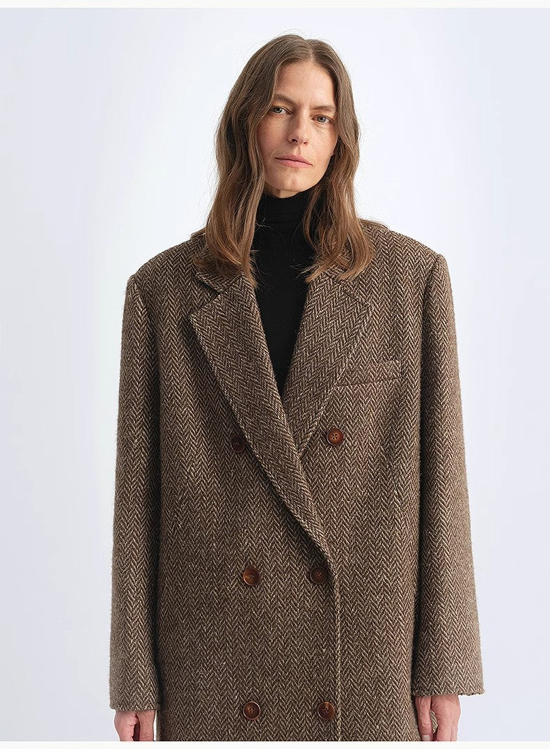 "Desert City" Italian Imported Wool Blended Herringbone Pattern Woolen Coat