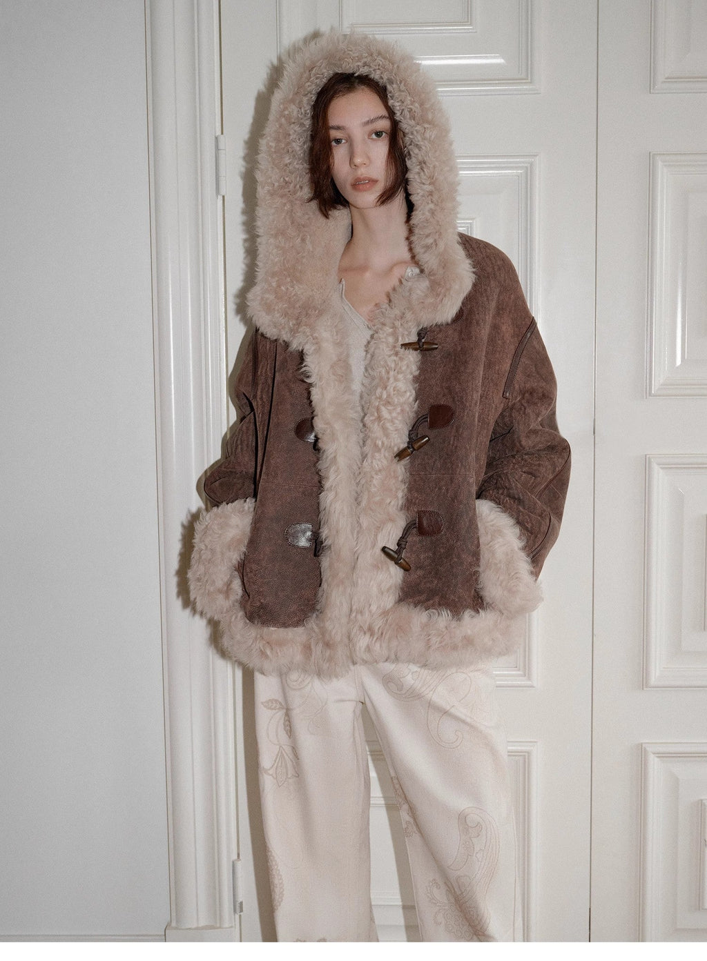 "Modern Weekend" Drop Shoulder Hooded Merino Wool Sheepskin Fur Coat Winter