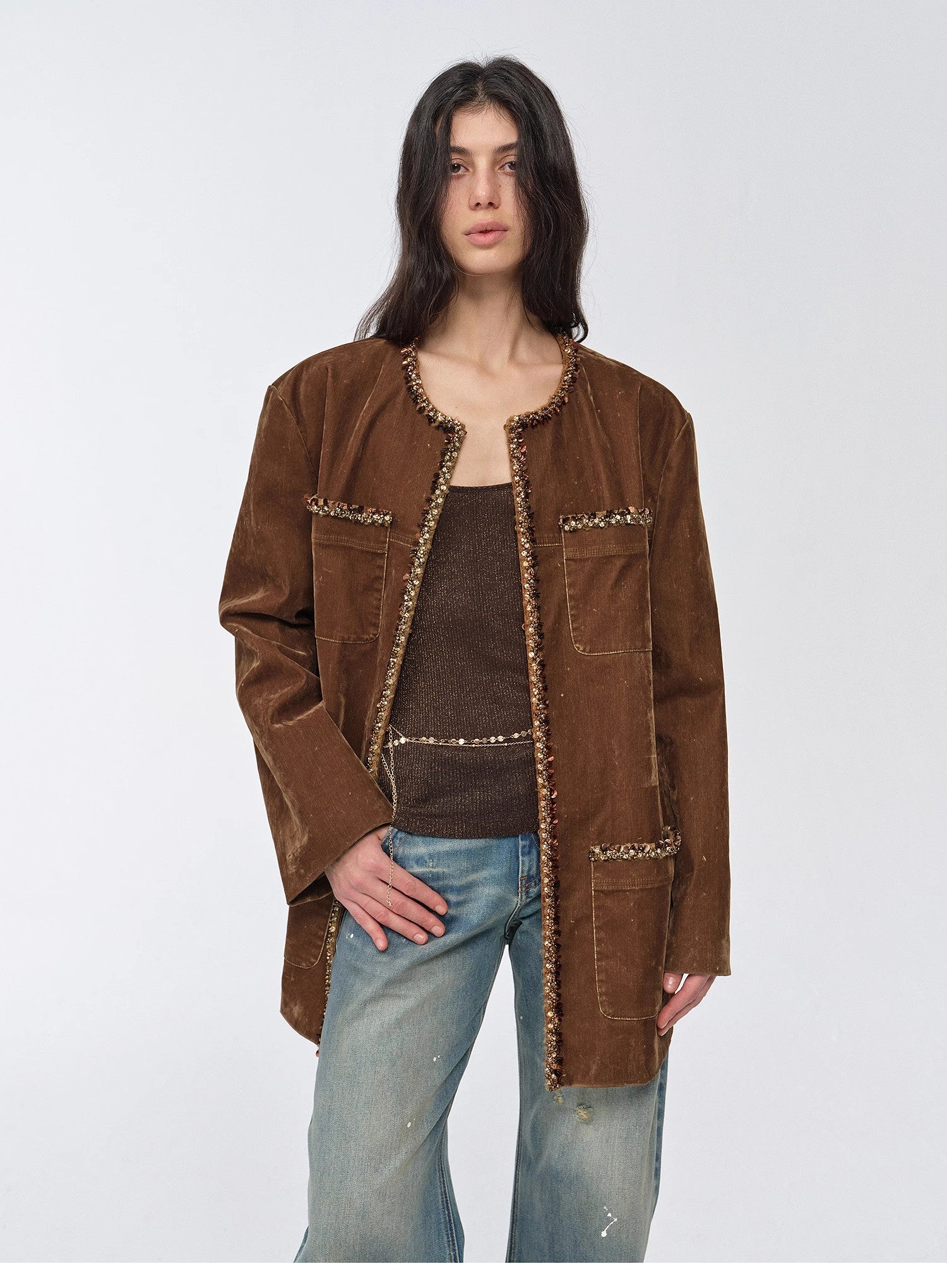 "Fragrant Encounter" Distressed Flocked Denim Jacket