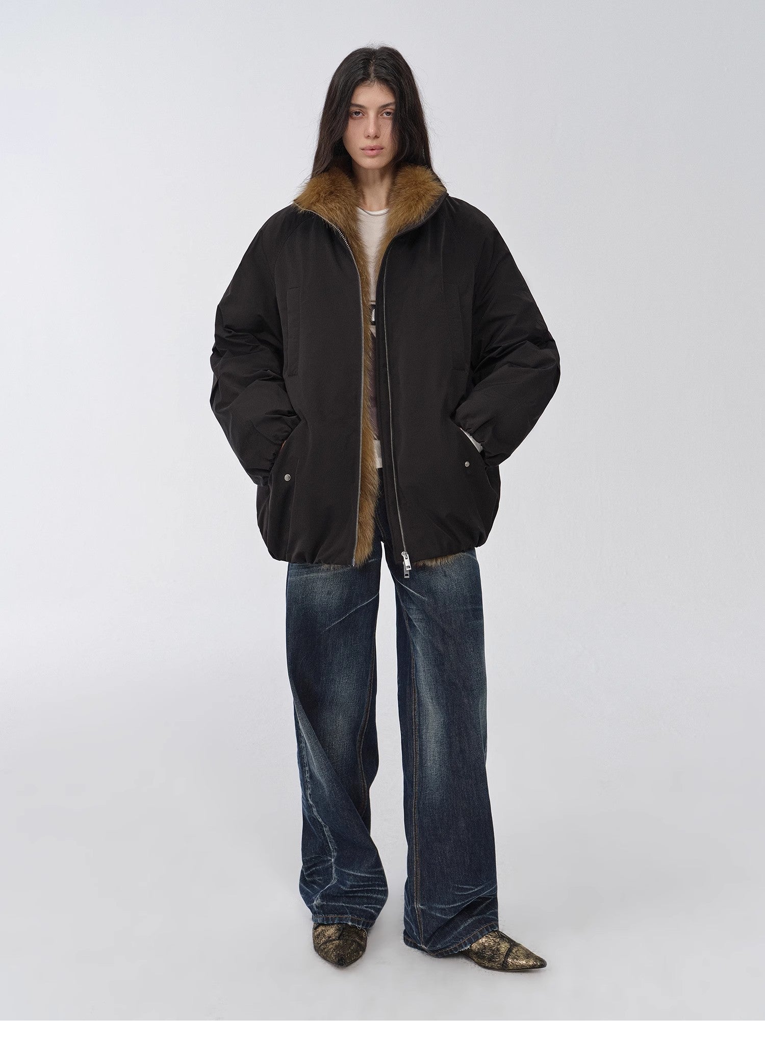 "Warm Dialogue" Two-Tone Fox Fur Collar Detachable Mid-Length Down Parka