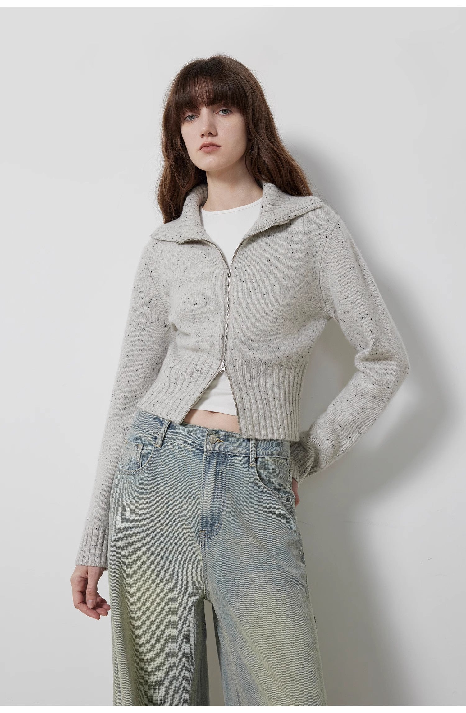 "Autumn Breeze Tea" Colorful Dotted Wool-Blend Double-Zip Knitted Sweater