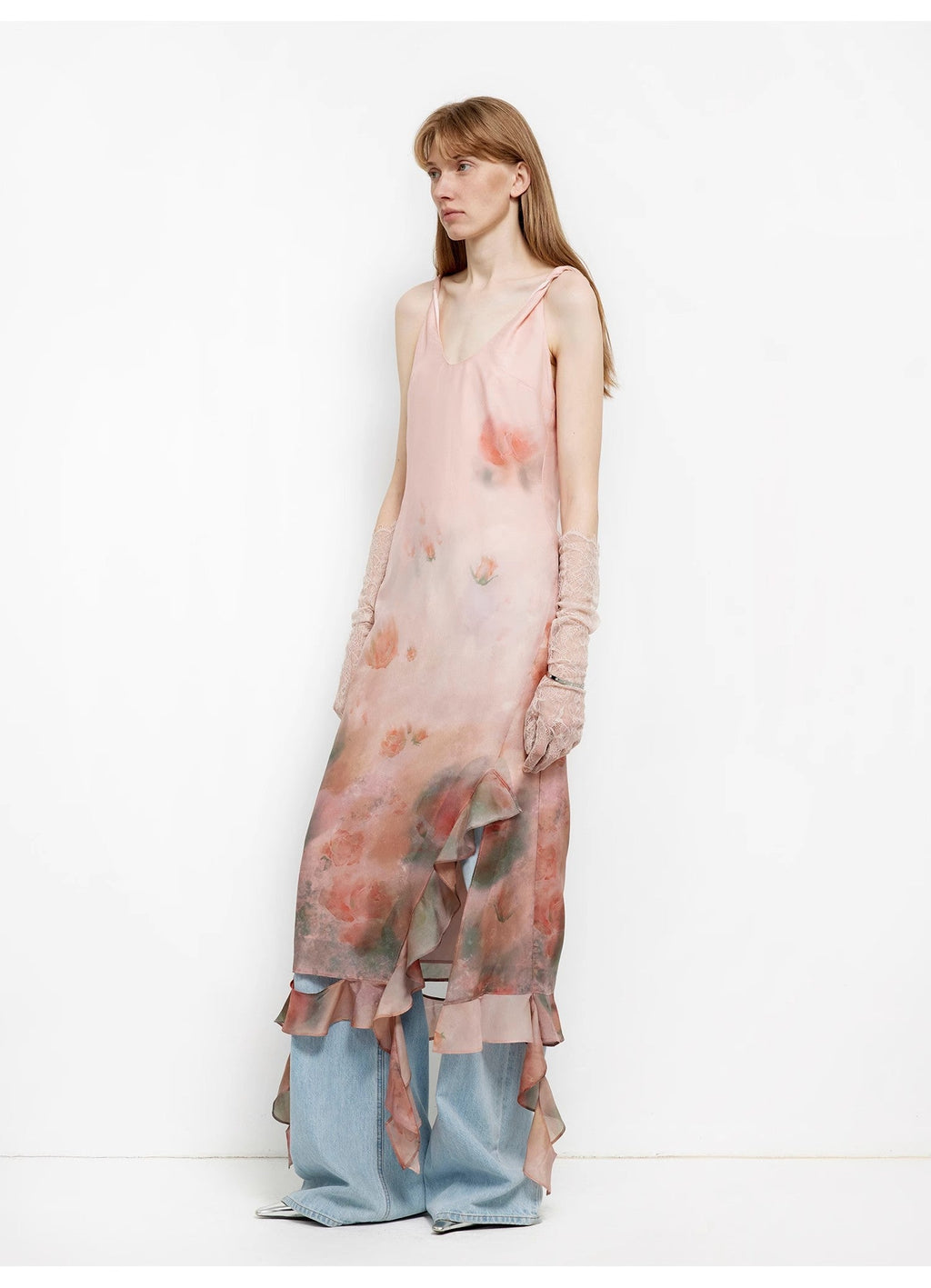 Mulberry Silk V-Neck Ruffled Draped Twist Strap Dress