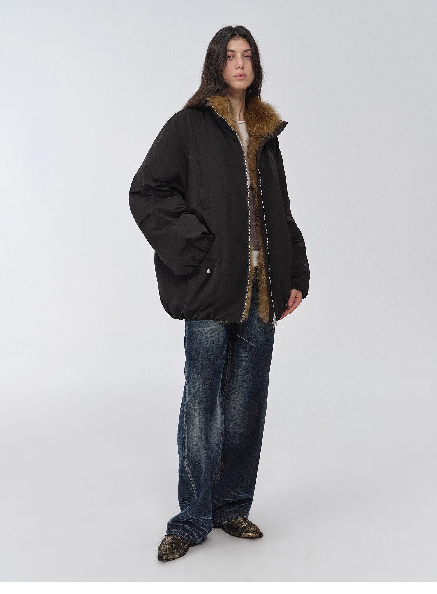 "Warm Dialogue" Two-Tone Fox Fur Collar Detachable Mid-Length Down Parka