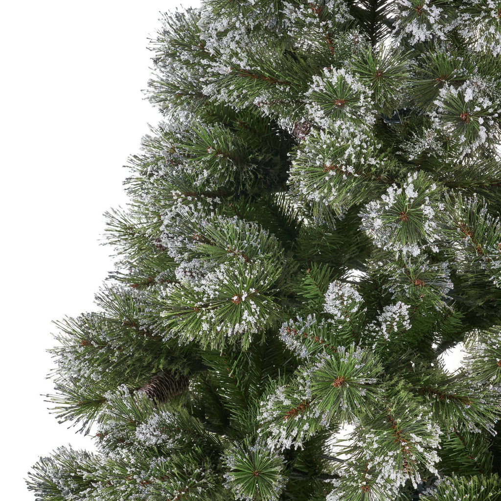 7.5ft Bristle Mixed Hinged Christmas Tree with Snow, Glitter & 86 Frosted Pine Cones – Elegant Winter Decoration with Iron Stand