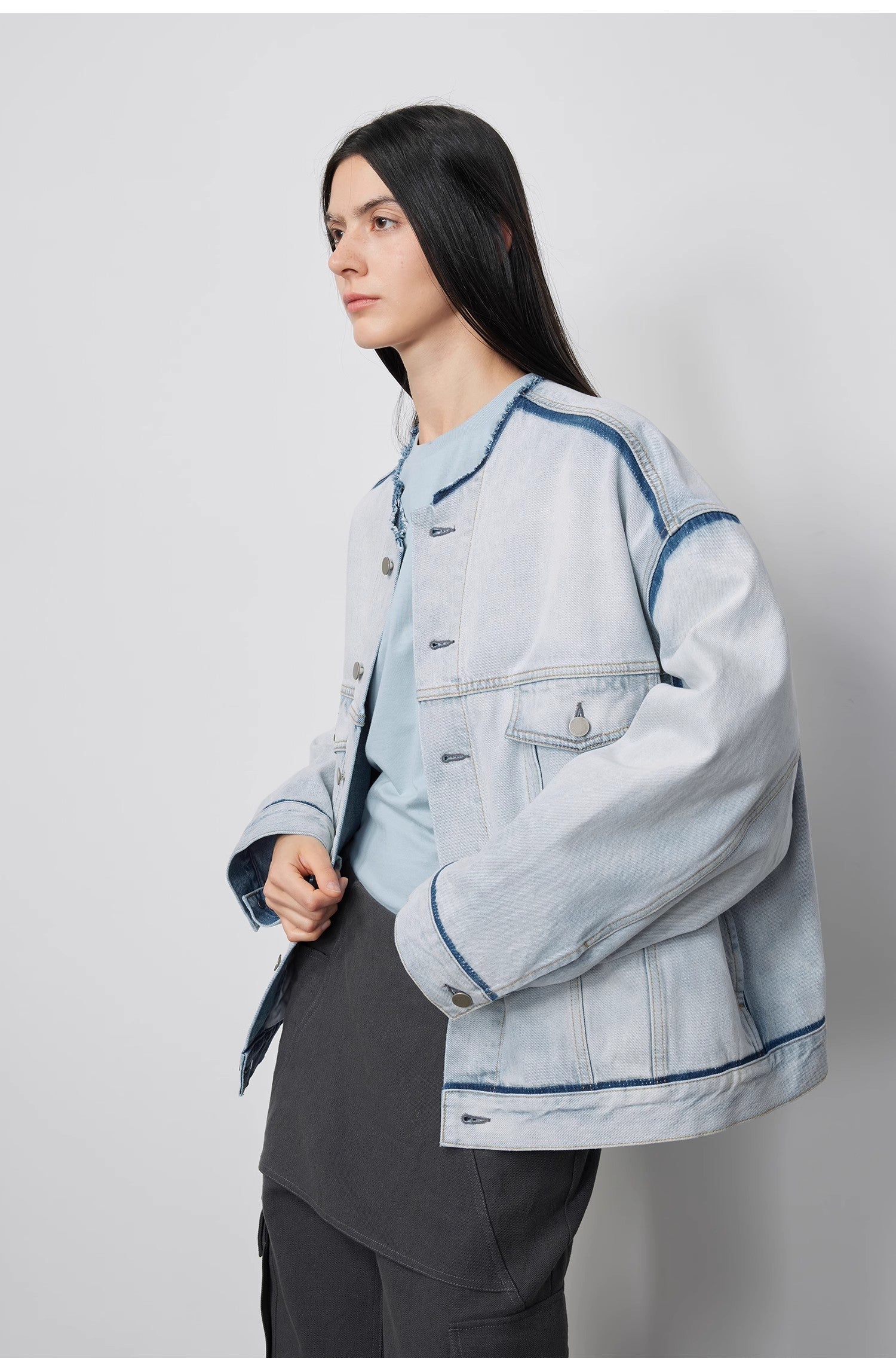 "Starry Sky Market" Classic Washed Cotton Collarless Denim Jacket