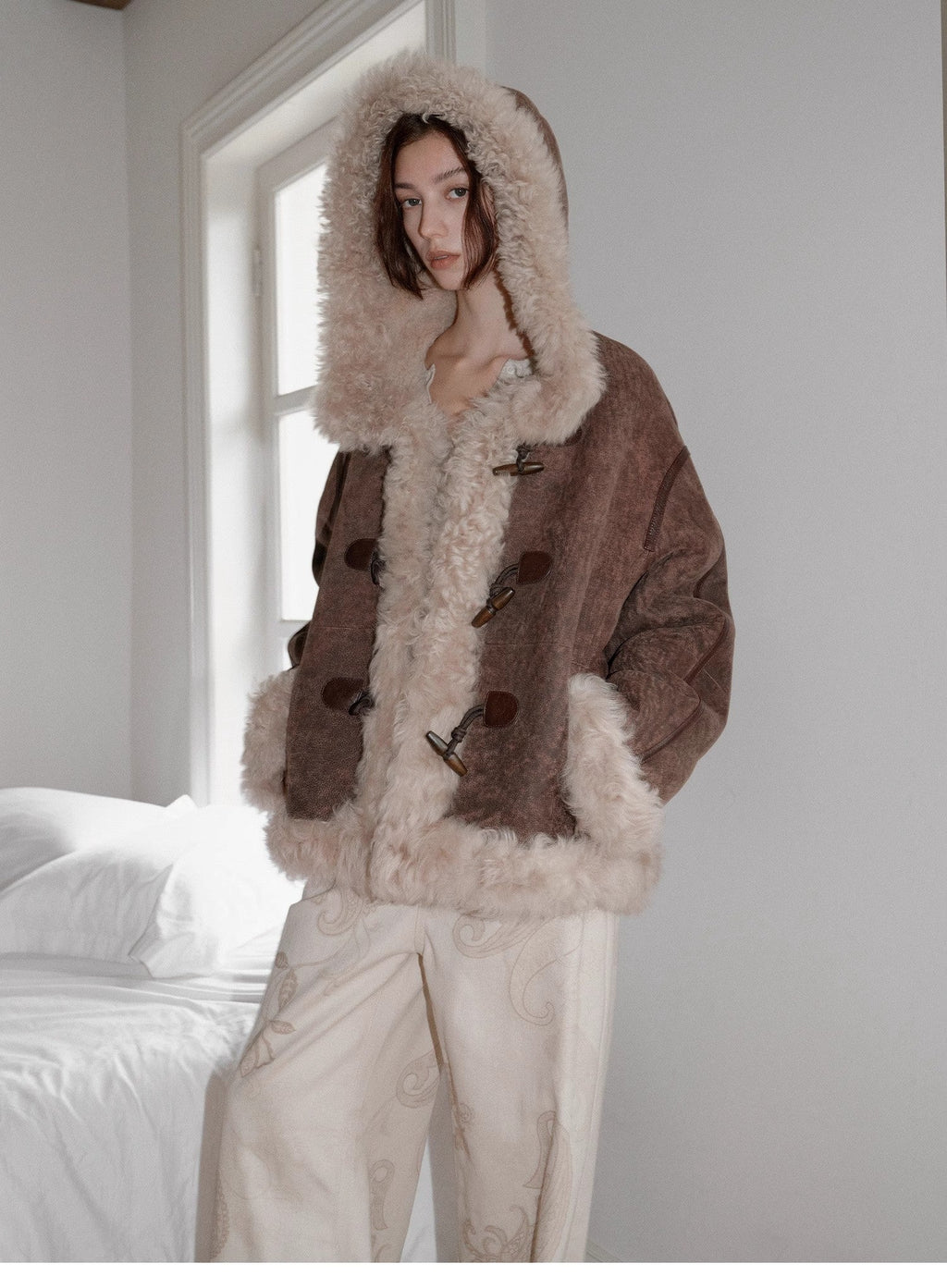 "Modern Weekend" Drop Shoulder Hooded Merino Wool Sheepskin Fur Coat Winter