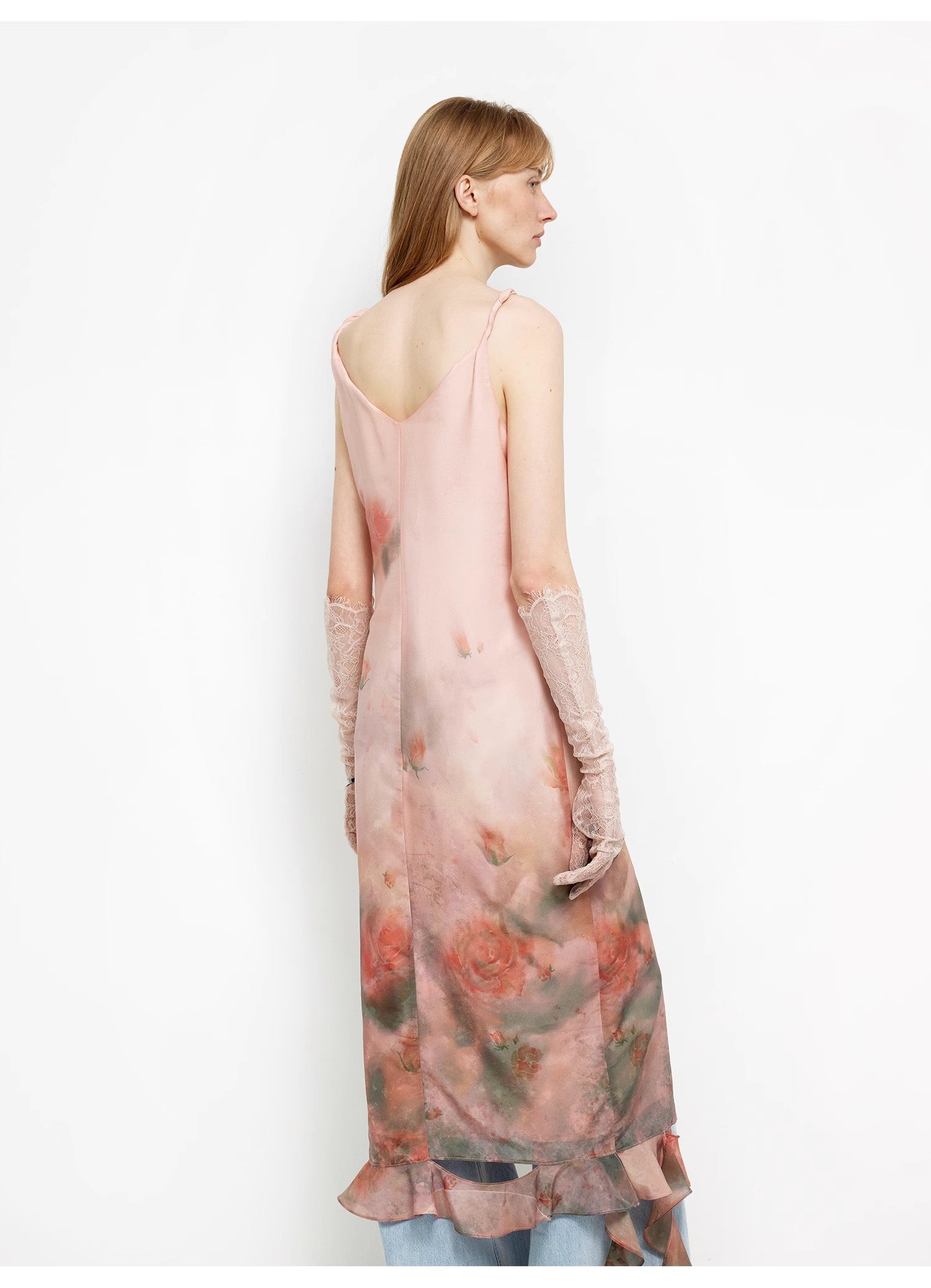 Mulberry Silk V-Neck Ruffled Draped Twist Strap Dress