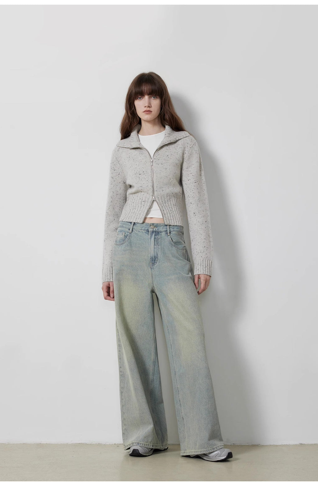 "Autumn Breeze Tea" Colorful Dotted Wool-Blend Double-Zip Knitted Sweater