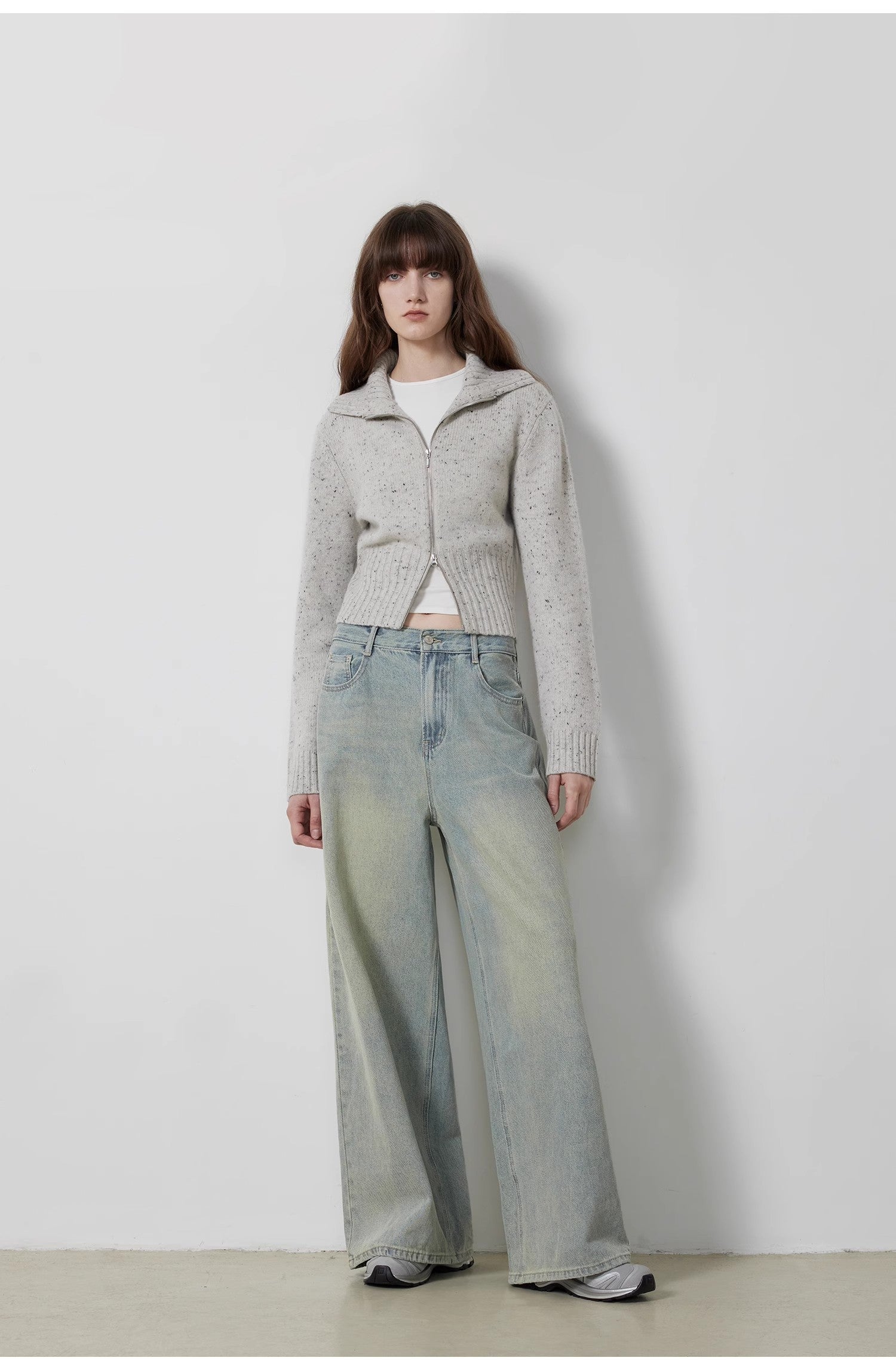 "Autumn Breeze Tea" Colorful Dotted Wool-Blend Double-Zip Knitted Sweater