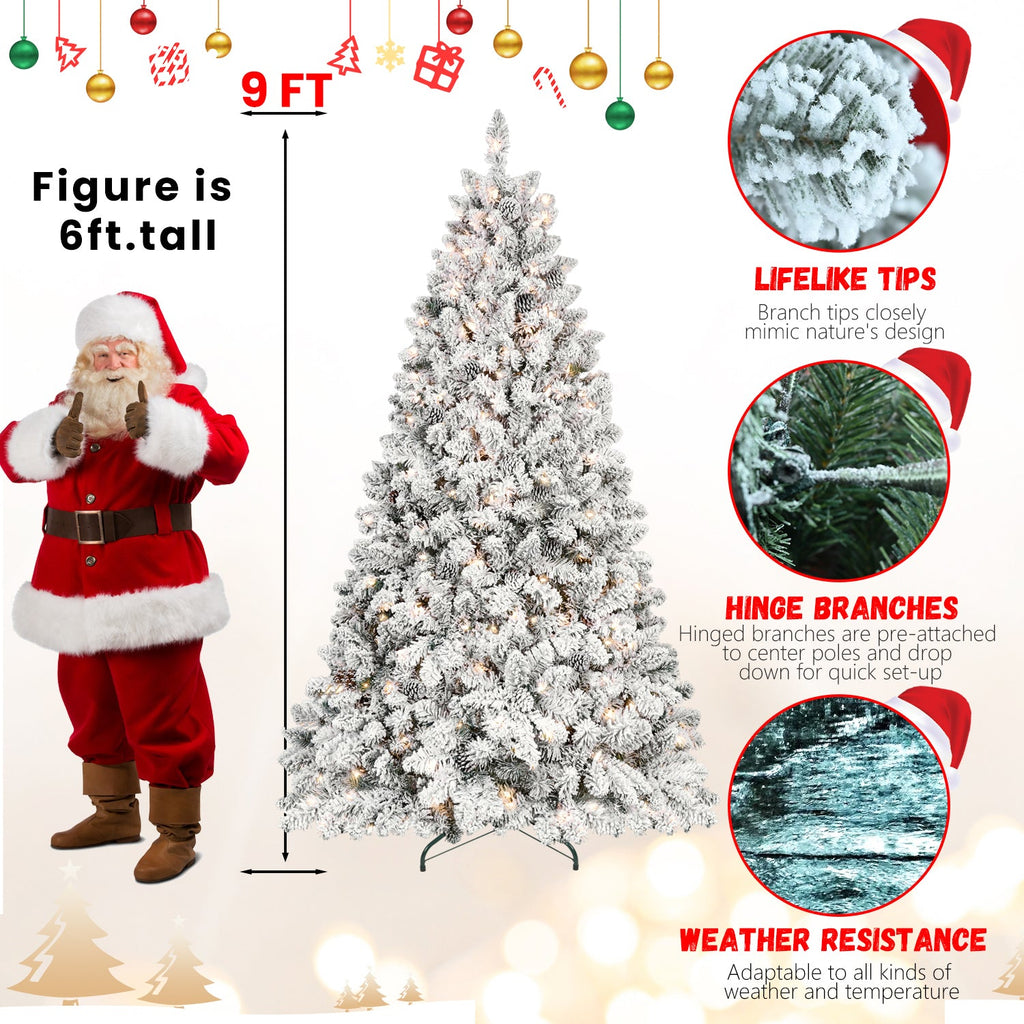 8ft Flocked Christmas Tree with 700 Warm White UL Lights & 54 Pine Cones – 1754 Snowy PVC Tips, Hinged Structure, and Metal Stand