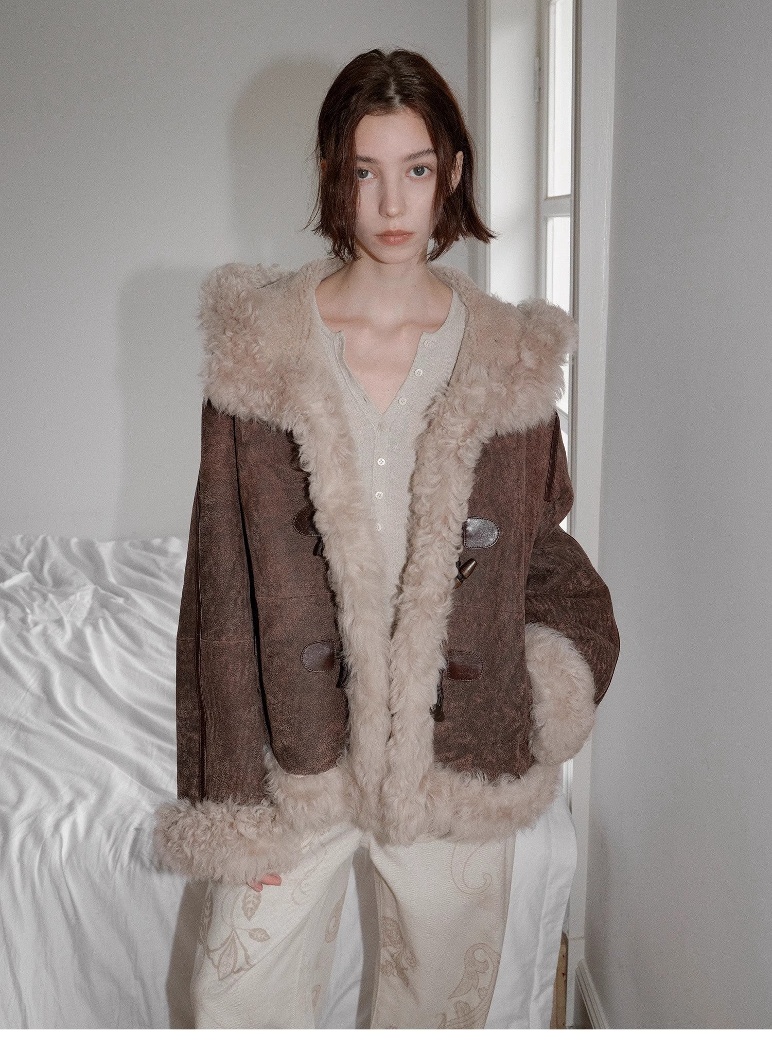 "Modern Weekend" Drop Shoulder Hooded Merino Wool Sheepskin Fur Coat Winter