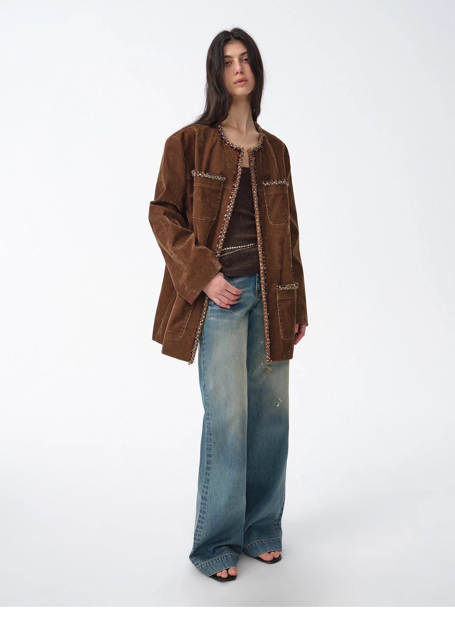 "Fragrant Encounter" Distressed Flocked Denim Jacket