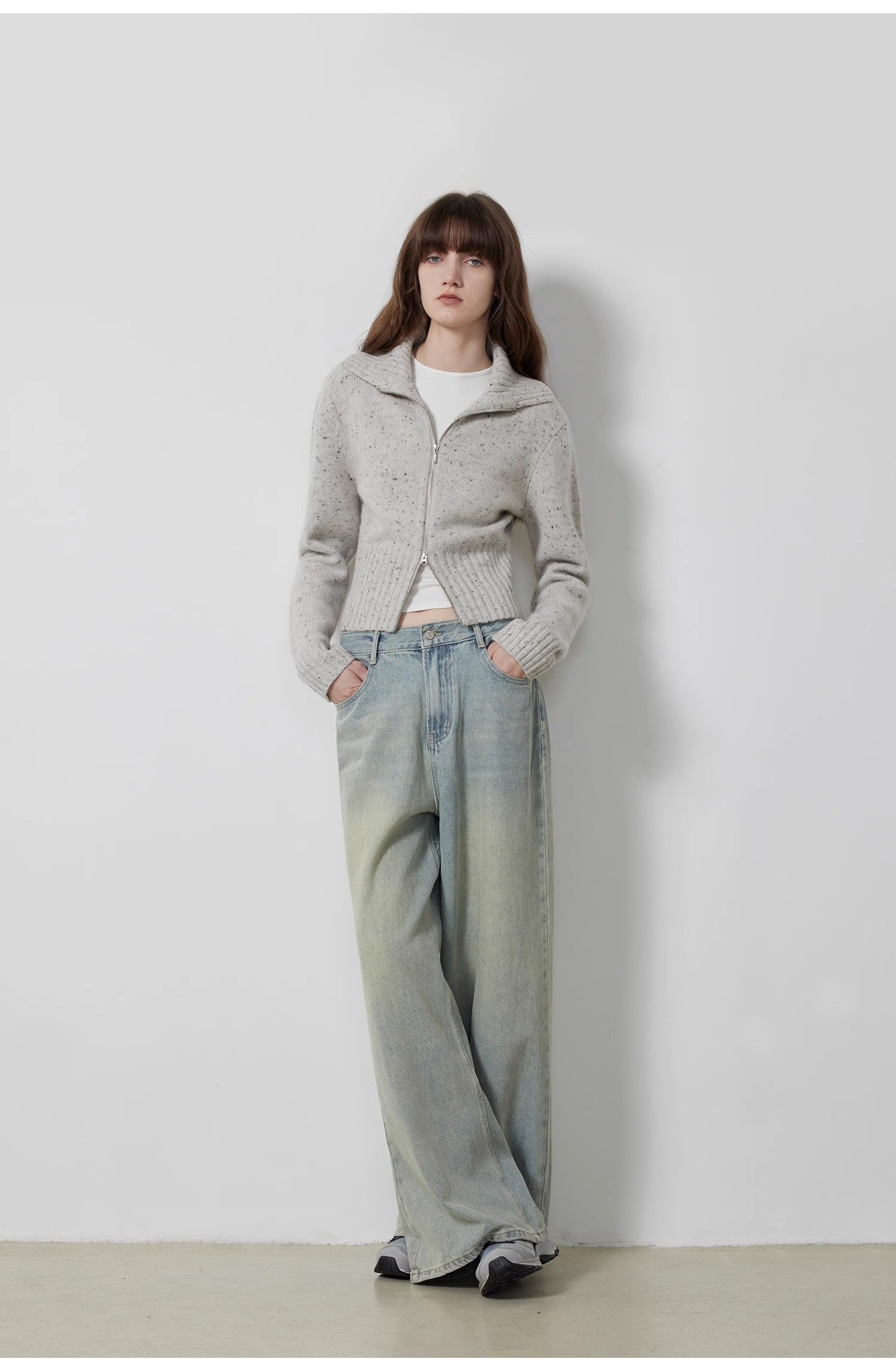 "Autumn Breeze Tea" Colorful Dotted Wool-Blend Double-Zip Knitted Sweater