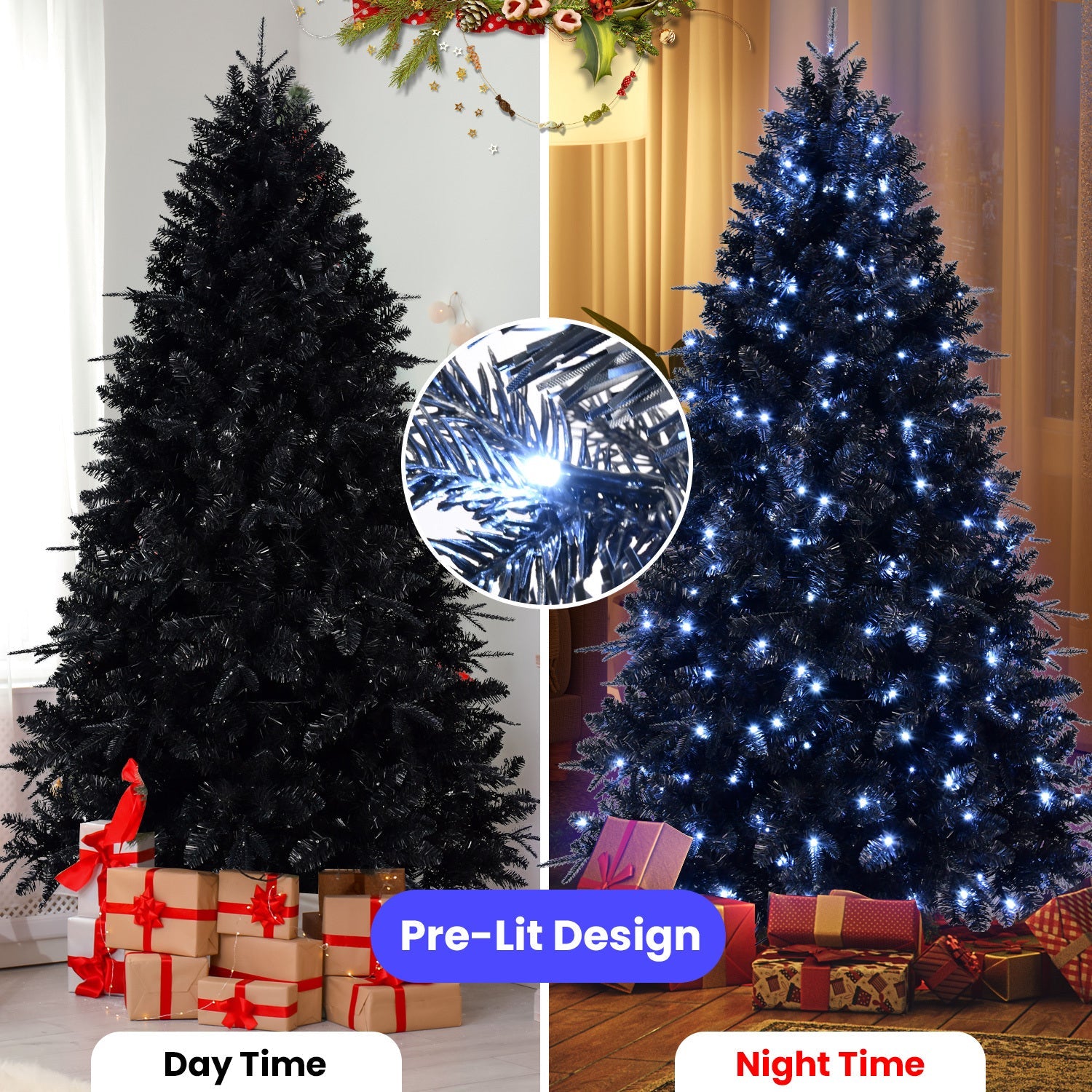 7.5ft Black Artificial Christmas Tree with 500 White LED Lights – 2156 PE+PVC Tips, Modern Hinged Design & Durable Metal Stand