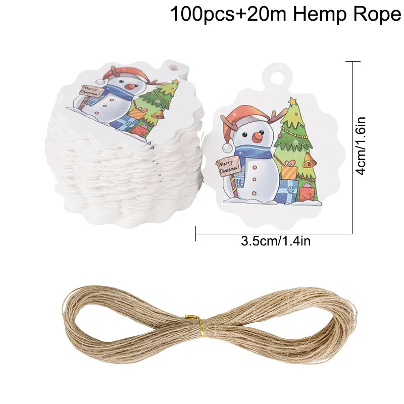 100pcs Merry Christmas Gift Tags with 65ft Hemp Rope – Holiday Paper Tags for Christmas Wrapping, Party Favors & DIY Packaging (Assorted Designs)
