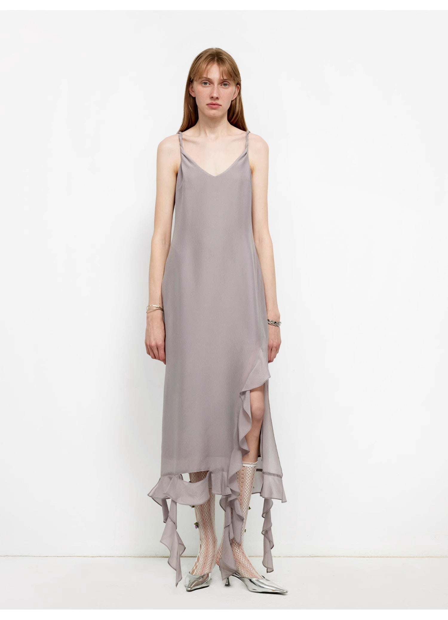 Mulberry Silk V-Neck Ruffled Draped Twist Strap Dress