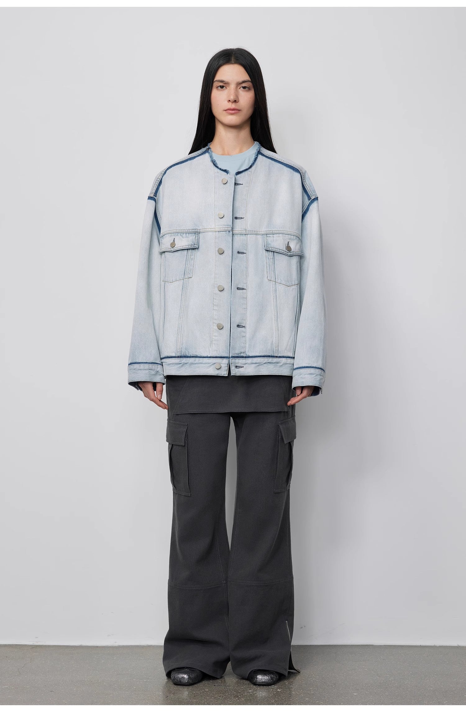 "Starry Sky Market" Classic Washed Cotton Collarless Denim Jacket