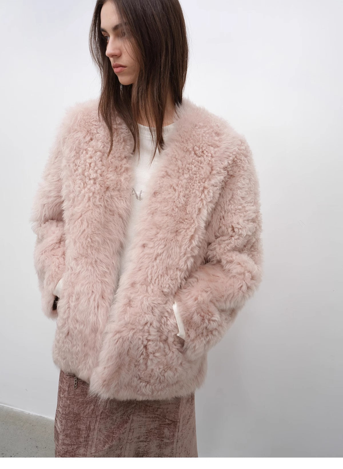 "Castle Dusk" V-Neck Curly Wool Sheepskin Fur Coat