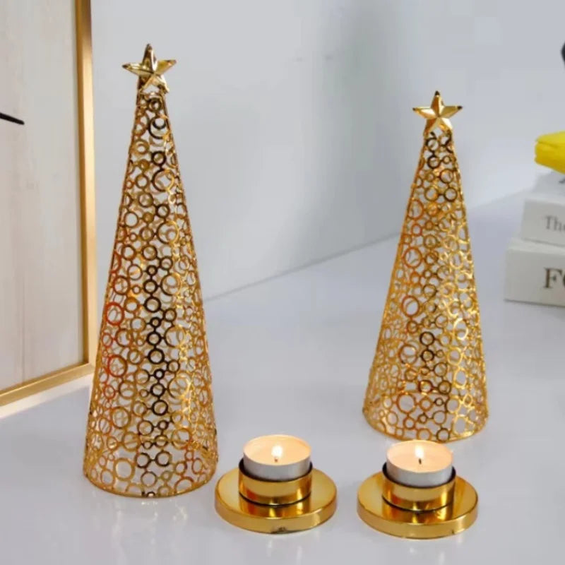 Gold Metal Christmas Tree Candle Holders (Set of 2) | Modern Holiday Decor | Elegant Tea Light Holders for Table or Mantel