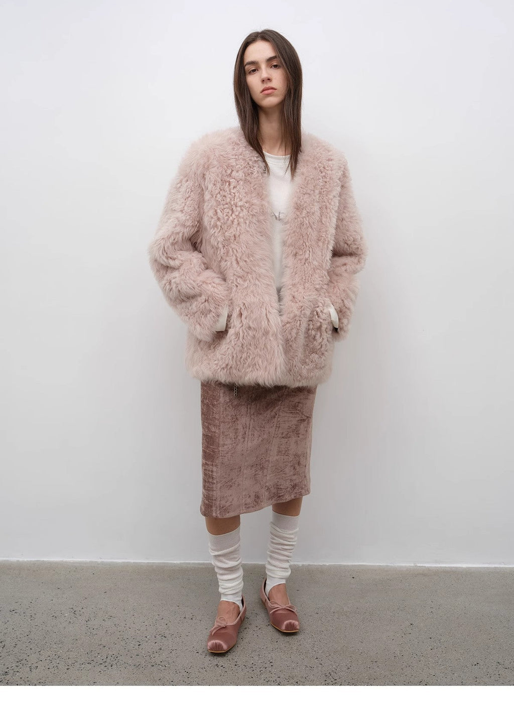 "Castle Dusk" V-Neck Curly Wool Sheepskin Fur Coat