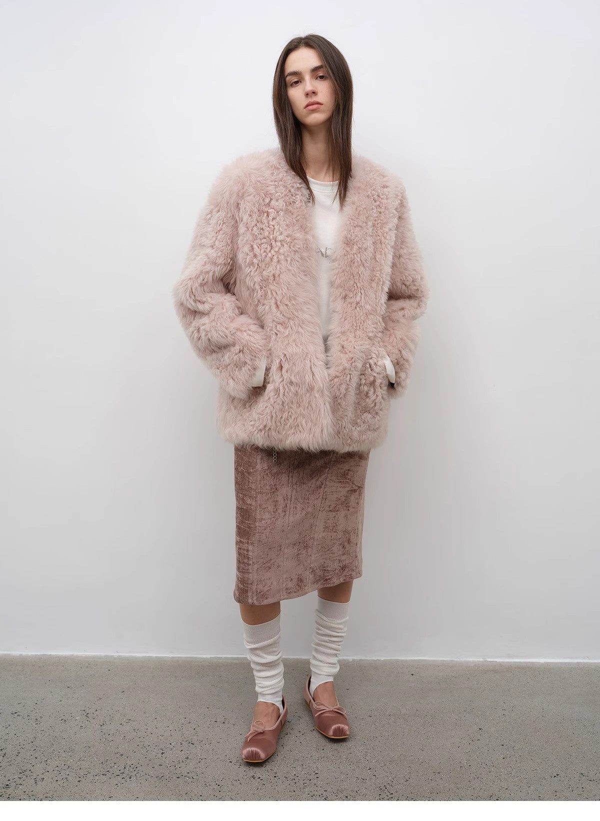"Castle Dusk" V-Neck Curly Wool Sheepskin Fur Coat