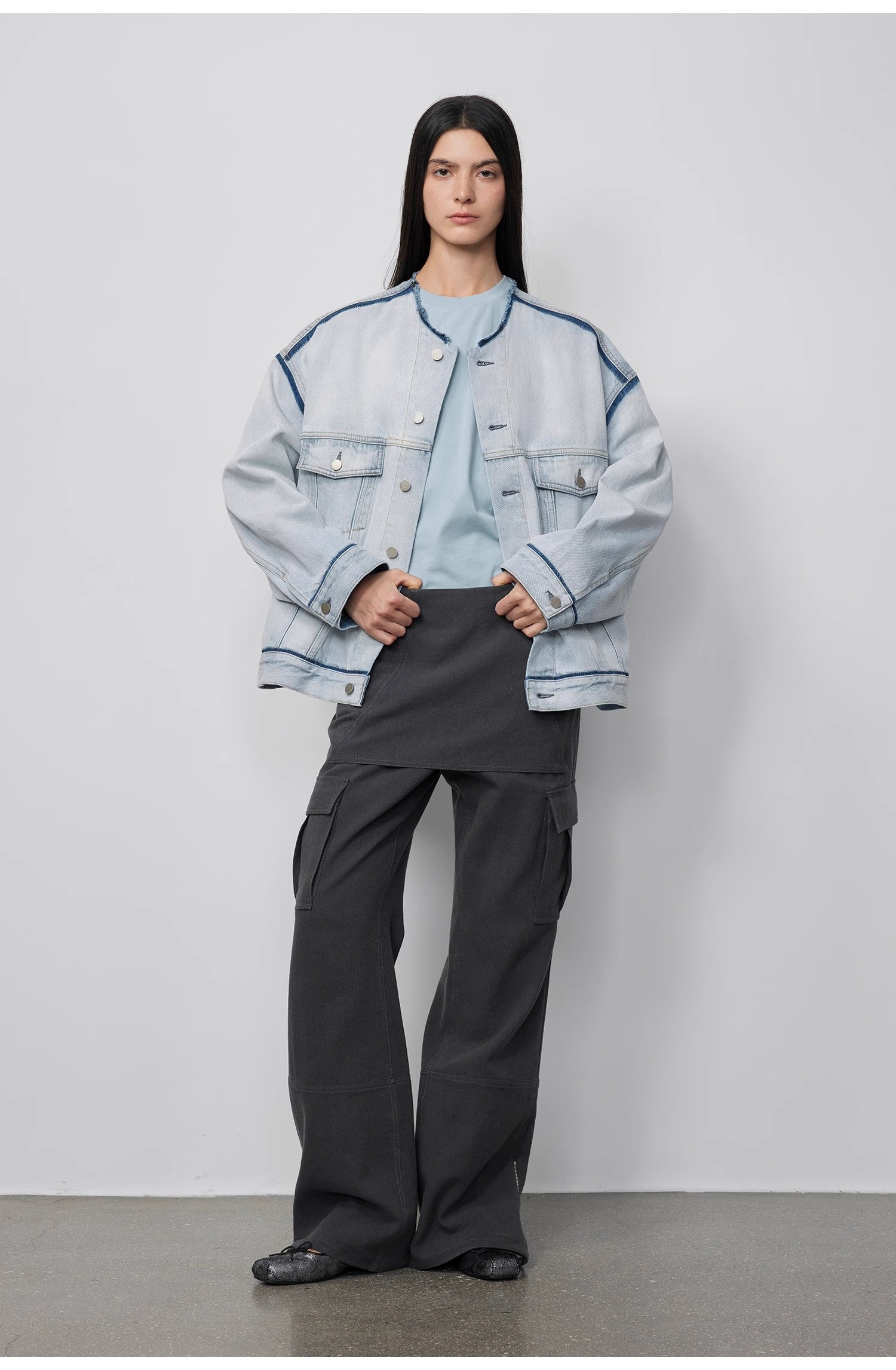 "Starry Sky Market" Classic Washed Cotton Collarless Denim Jacket
