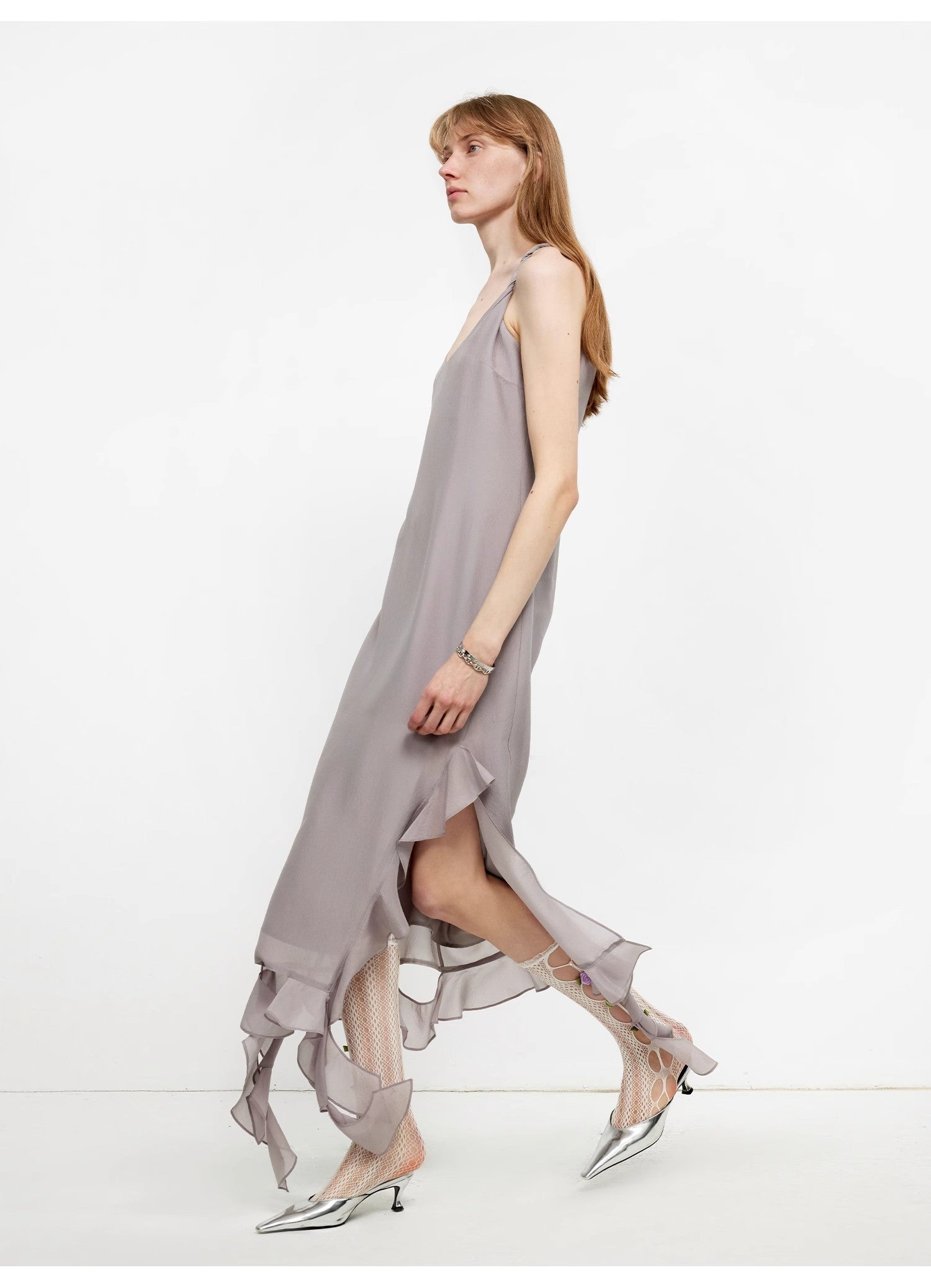 Mulberry Silk V-Neck Ruffled Draped Twist Strap Dress