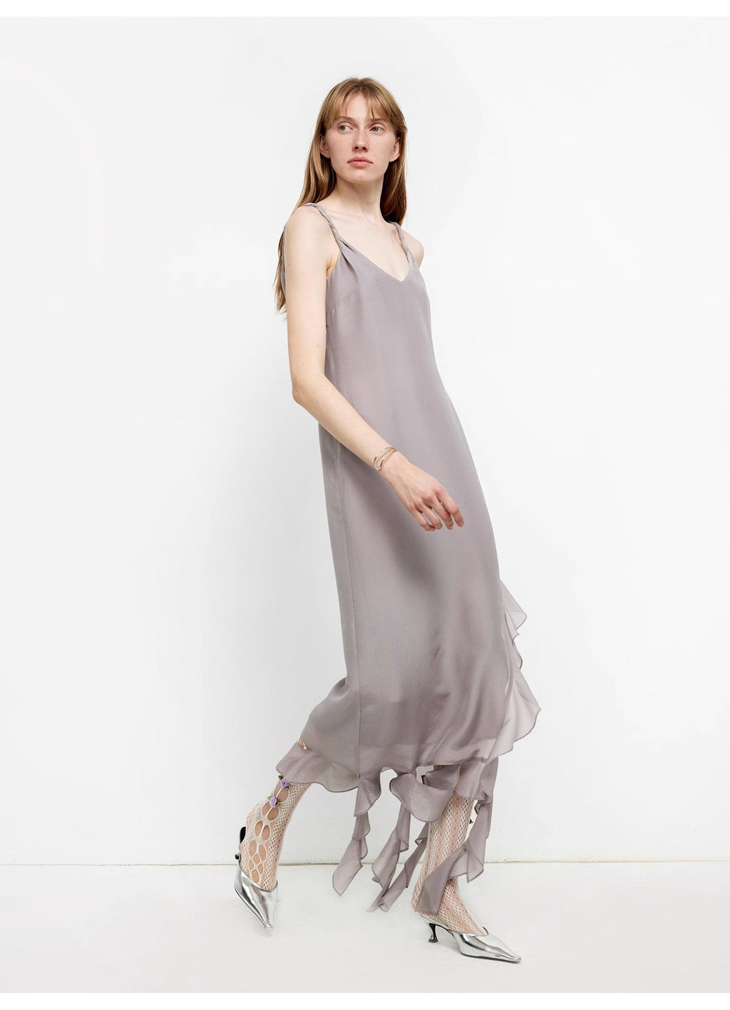 Mulberry Silk V-Neck Ruffled Draped Twist Strap Dress