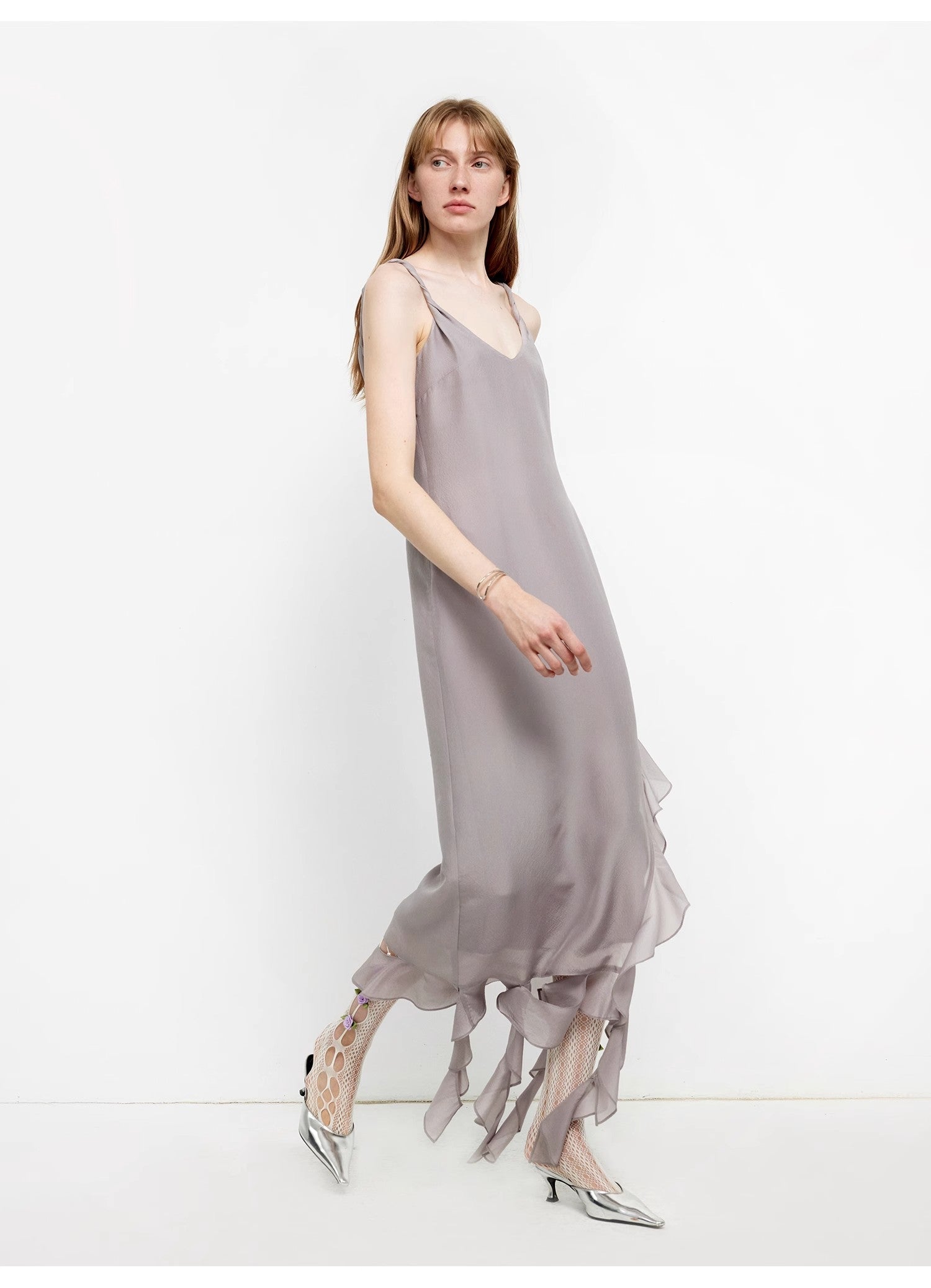 Mulberry Silk V-Neck Ruffled Draped Twist Strap Dress