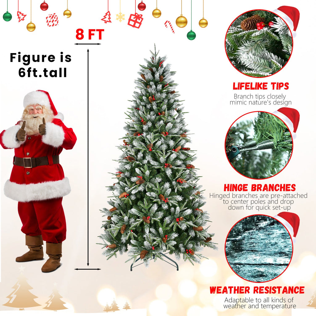7ft Snow-Dusted Christmas Tree with Red Berries & Pine Cones – 2178 PE+PVC Tips, Hinged Design, and Metal Stand