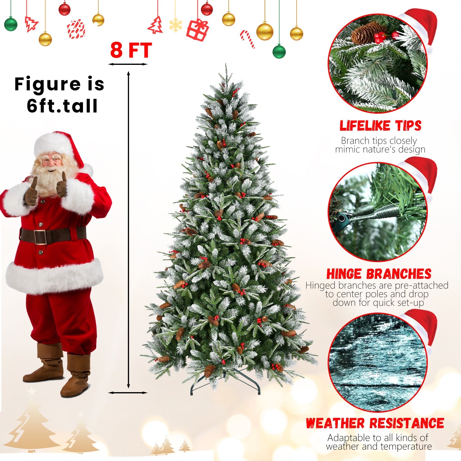 7ft Snow-Dusted Christmas Tree with Red Berries & Pine Cones – 2178 PE+PVC Tips, Hinged Design, and Metal Stand