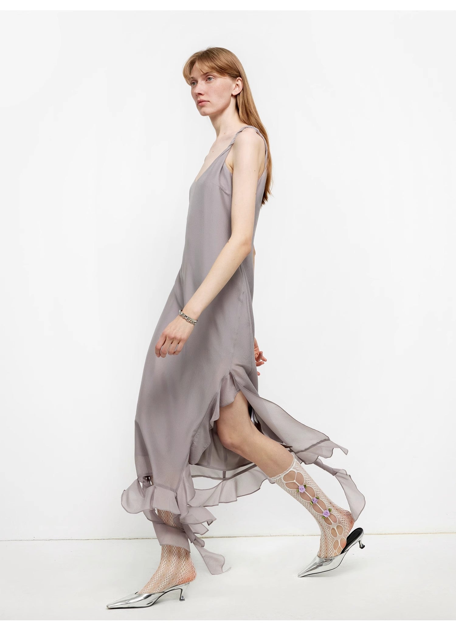 Mulberry Silk V-Neck Ruffled Draped Twist Strap Dress