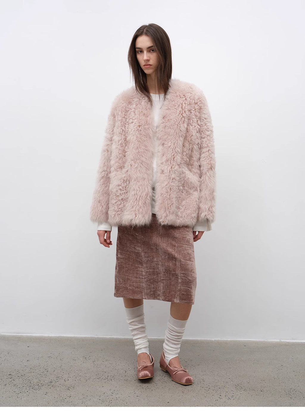 "Castle Dusk" V-Neck Curly Wool Sheepskin Fur Coat