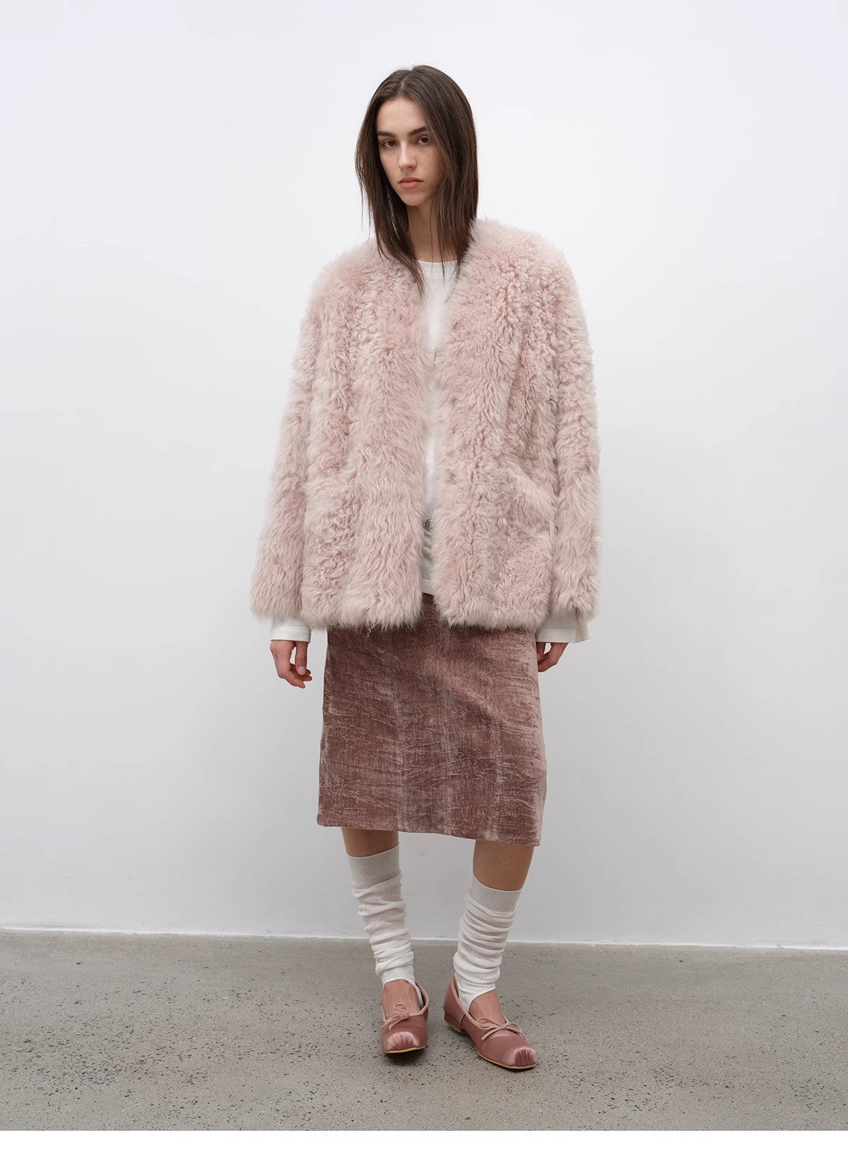"Castle Dusk" V-Neck Curly Wool Sheepskin Fur Coat