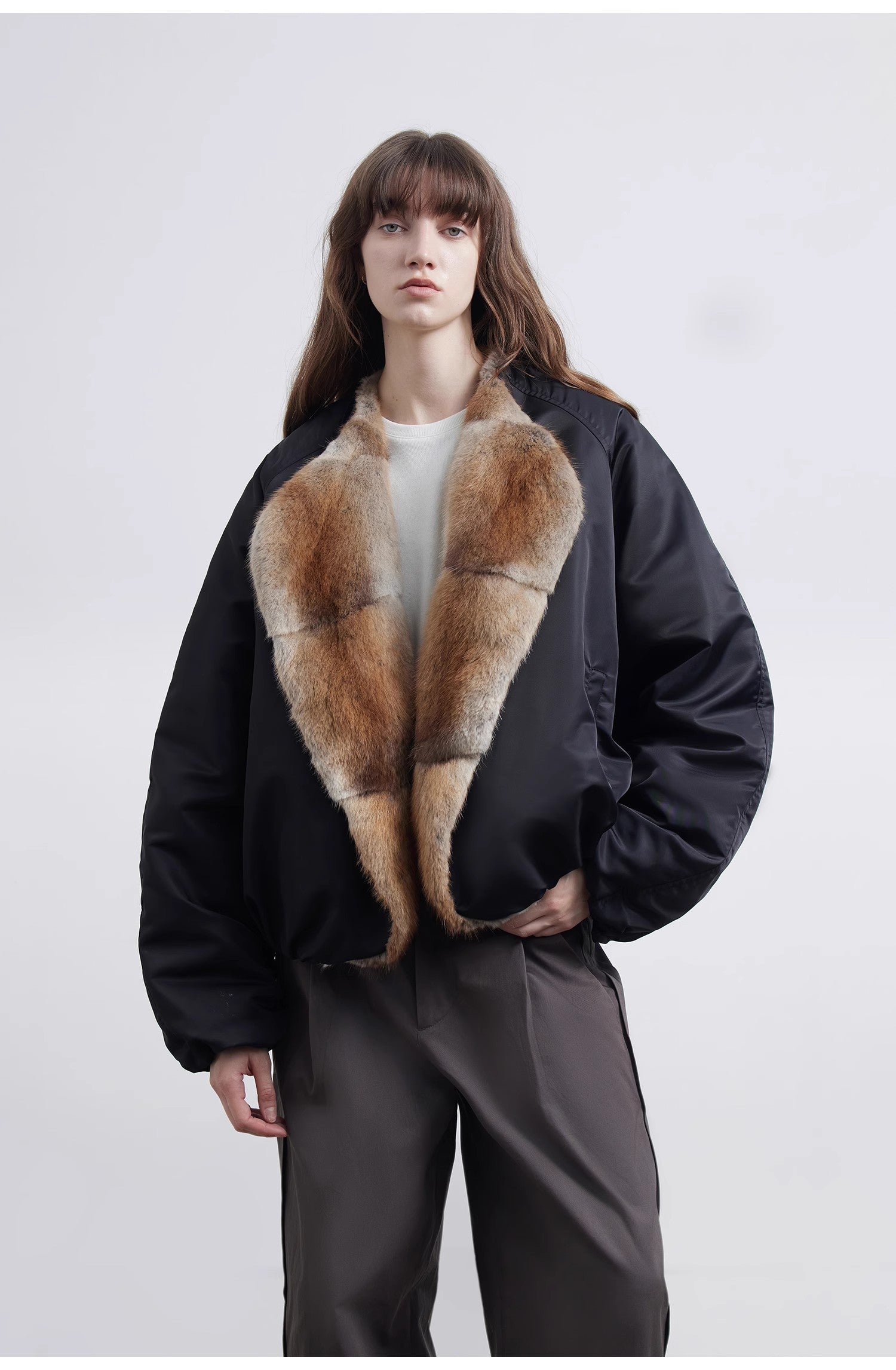 “Hull Contract” Colorblocked Mink-Lapel Parka